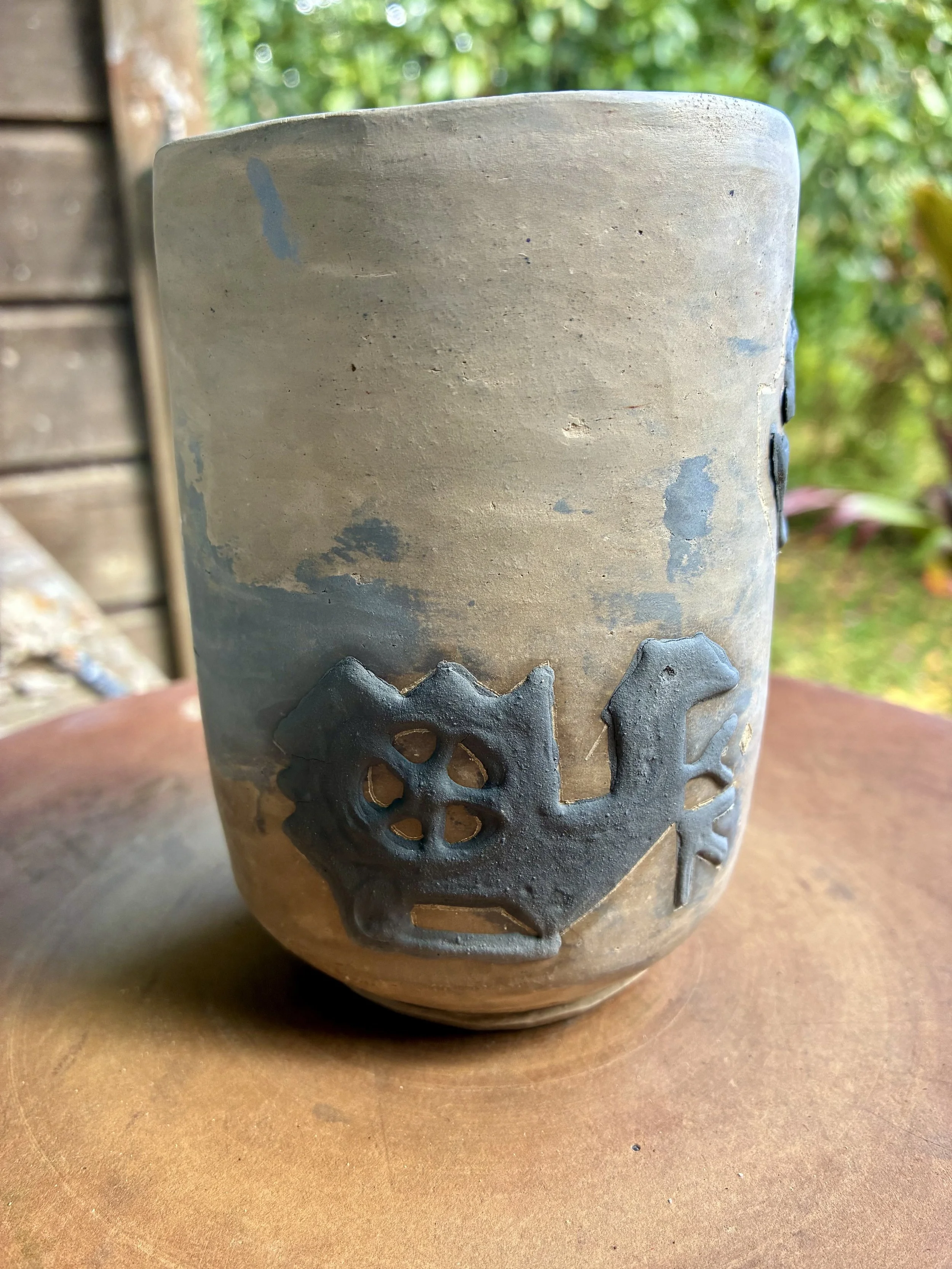 FARSI/CHINESE TEA CUP: Wen Xiang Bei (aroma cup) recycled and black clay, burnished with slip trail Qashqai rug patterns from Shiraz, my mother's birthplace (work in progress)