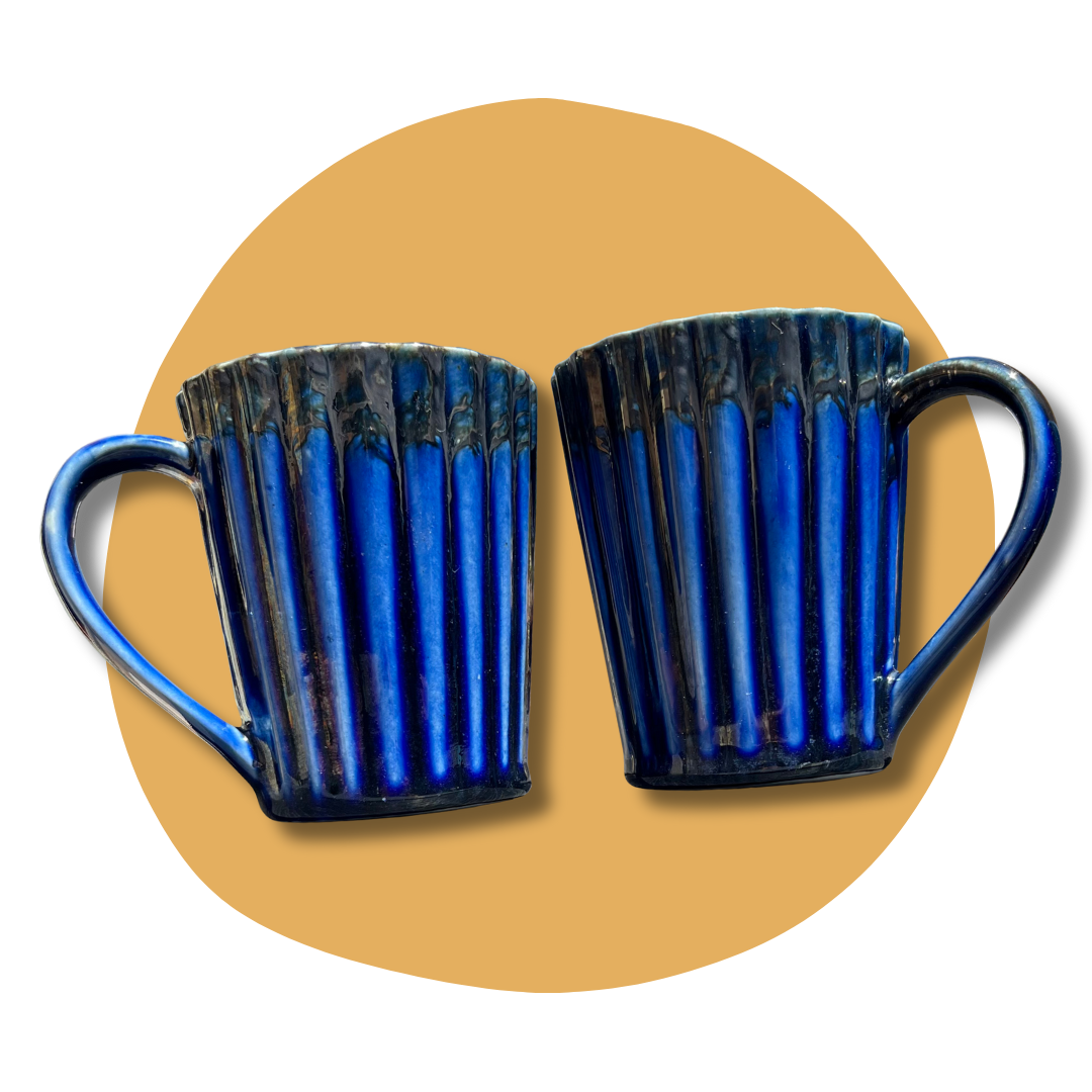 Handmade Metallic Blue Drip Mugs (Set of 2)