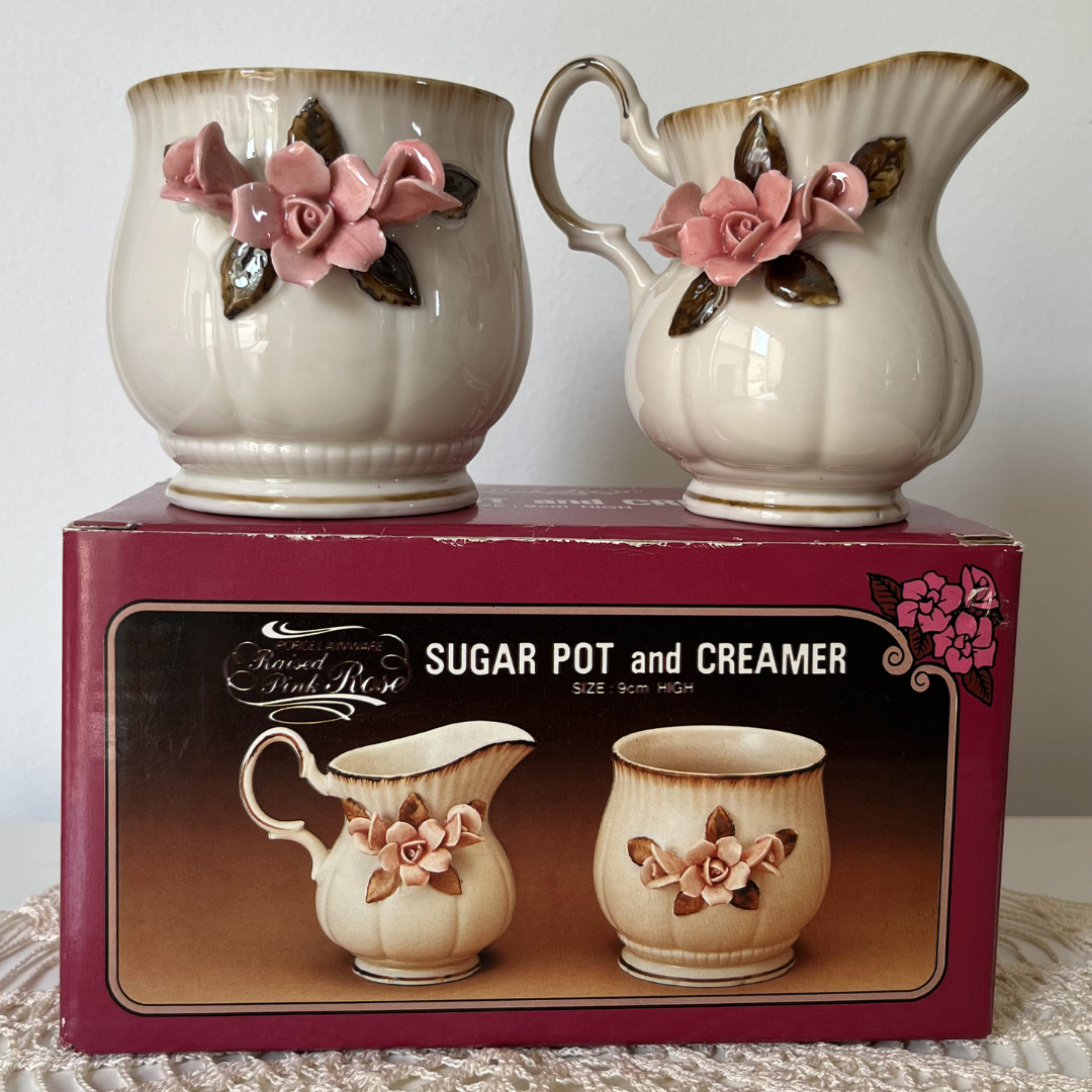 Vintage Floral Sugar Pot and Creamer Porcelain Capodimonte Pink Rose Set (2).png