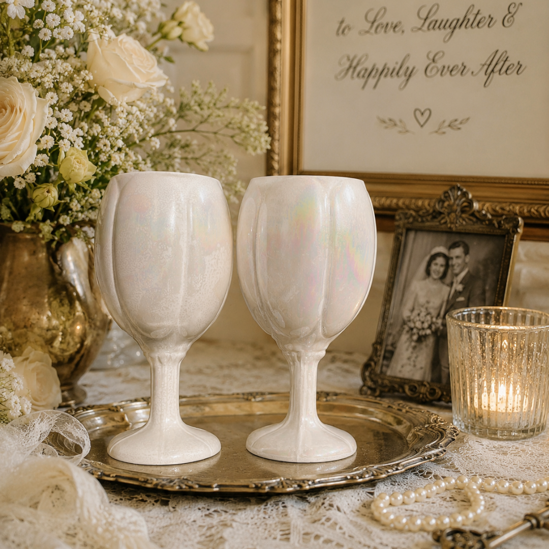 Vintage White Iridescent Ceramic Lustrewear Tulip Goblets Duncan Enterprises (16).png