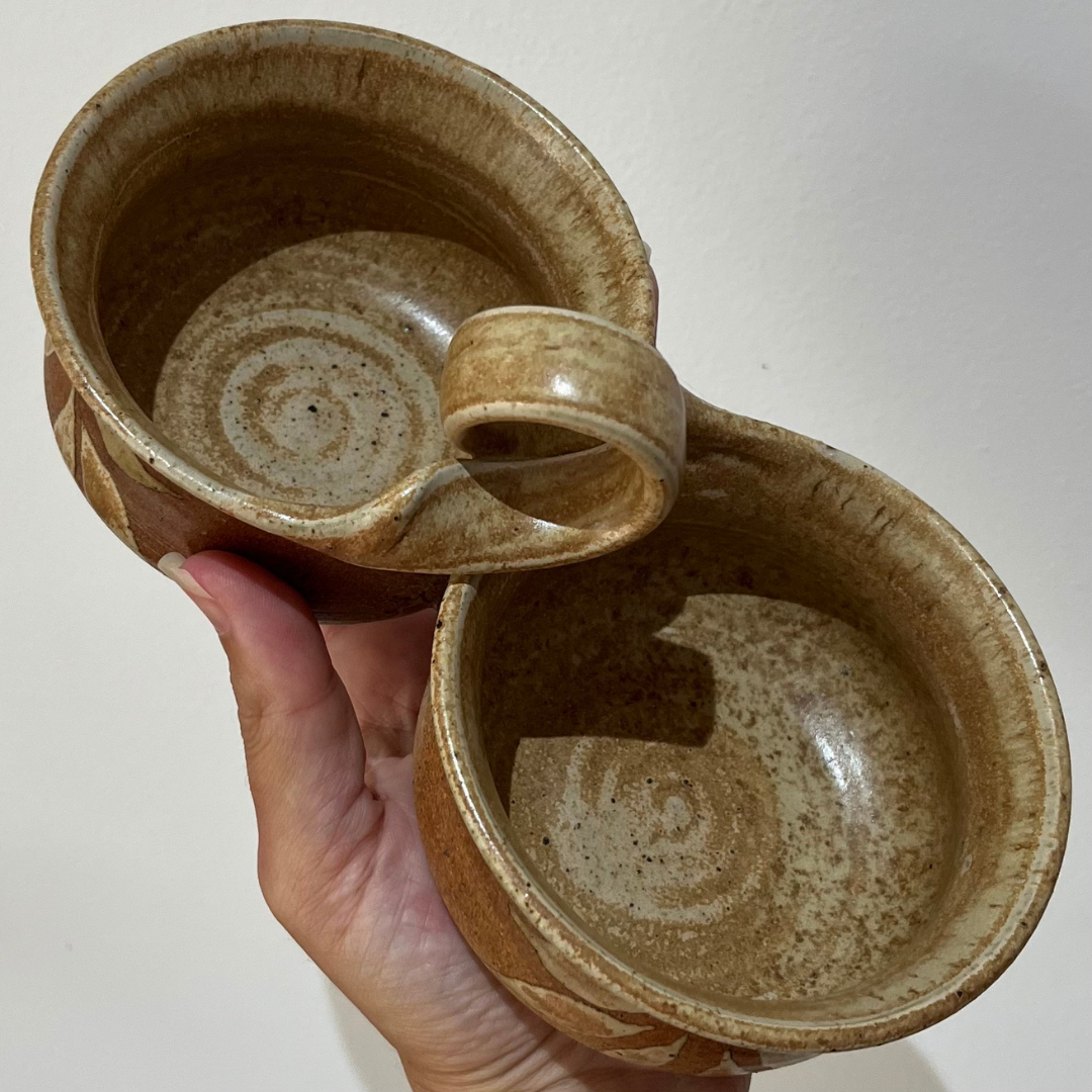Vintage Handmade Stoneware Pottery Condiment Vessel Double-Bowl Ceramic Twist Handle Serving Dish (15).png