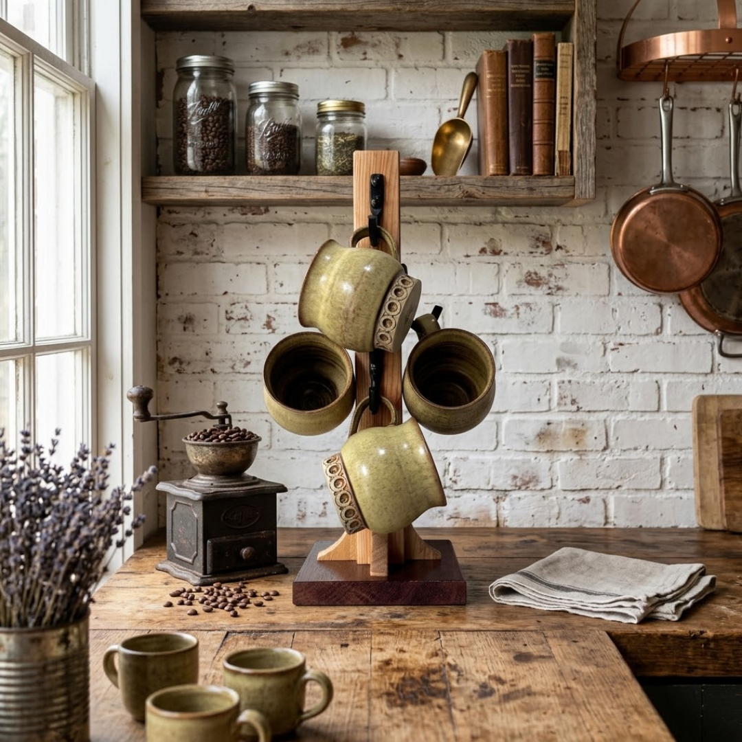 Handmade Wooden Coffee Mug Holder Rustic Kitchen Storage.png