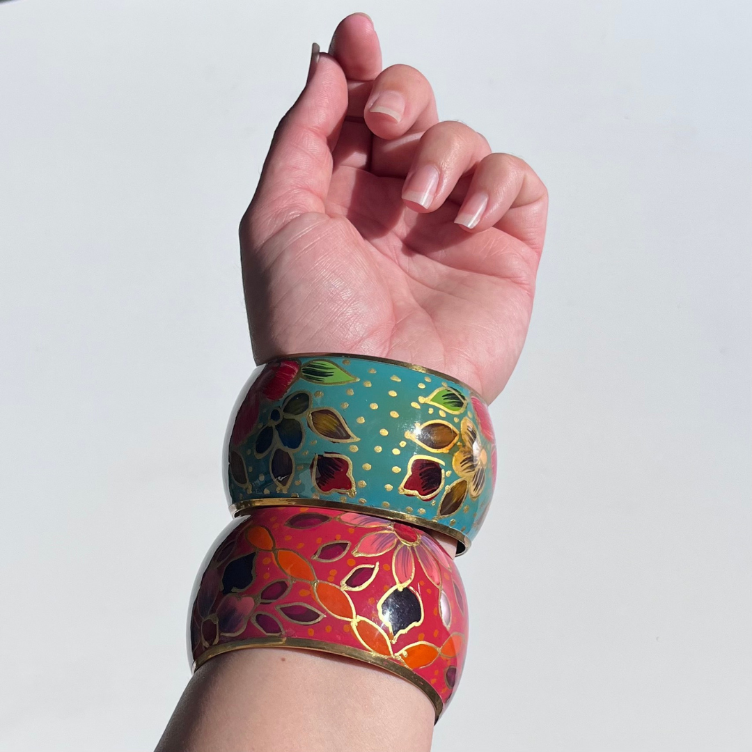 hand painted boho brass lined enamel floral bangles gold accents (7).png