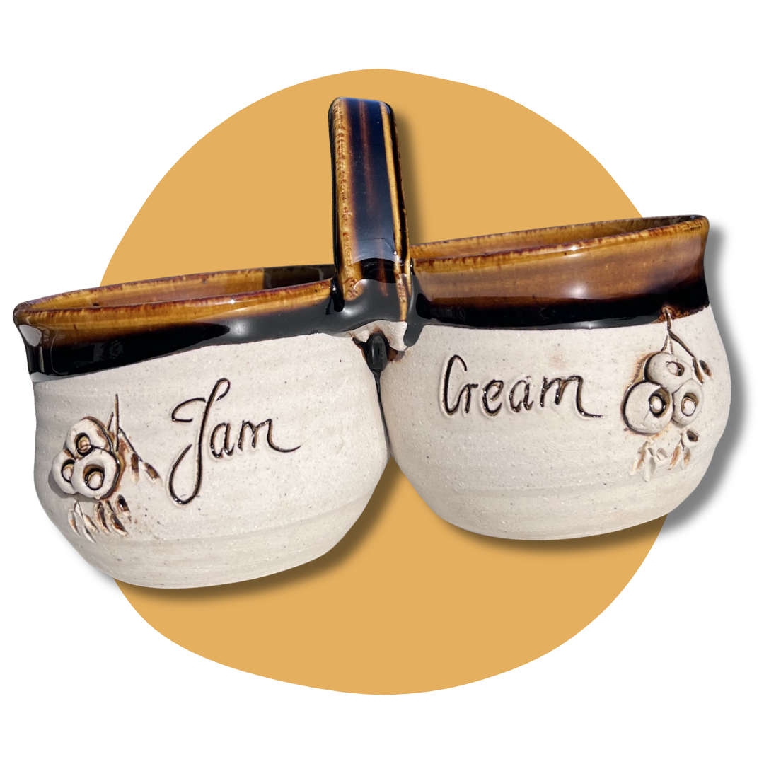 Australian Gumnut Vintage double bowl Stoneware Jam and Cream Alice Strutt Pottery.png