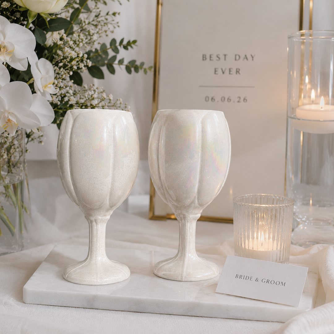 Vintage White Iridescent Ceramic Lustrewear Tulip Goblets Duncan Enterprises (2).png