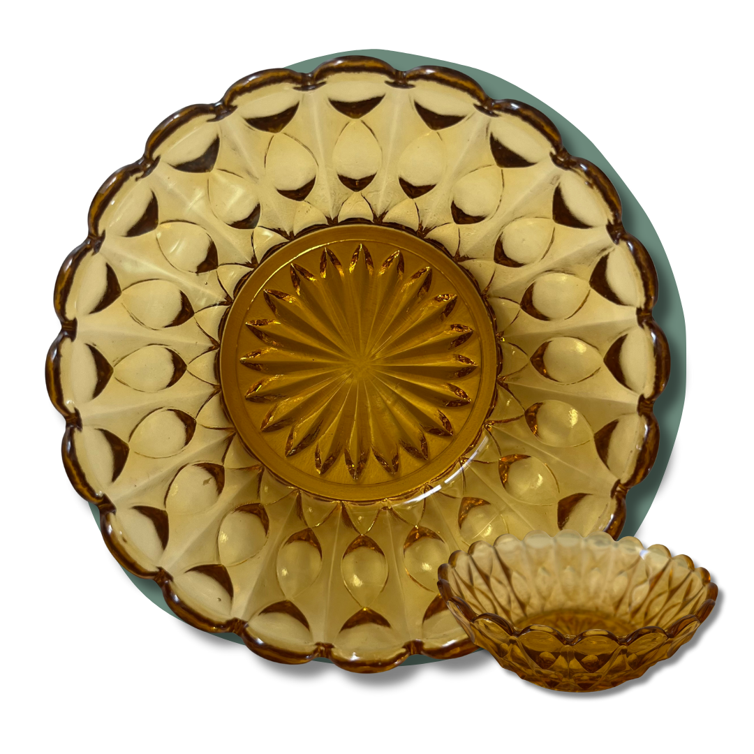 Vintage Amber Pressed Glass Crown Crystal Trinket Dish Bowl