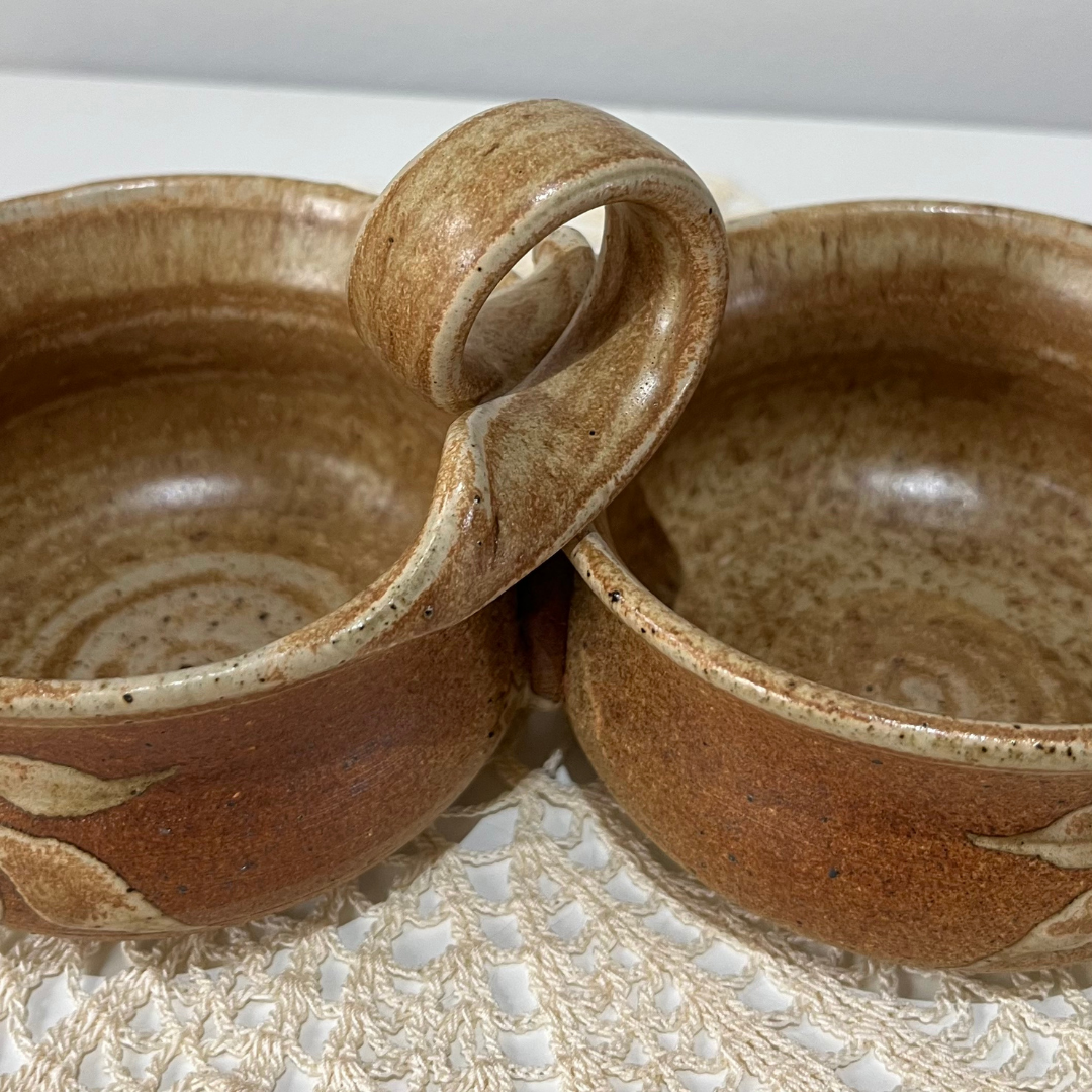Vintage Handmade Stoneware Pottery Condiment Vessel Double-Bowl Ceramic Twist Handle Serving Dish (10).png