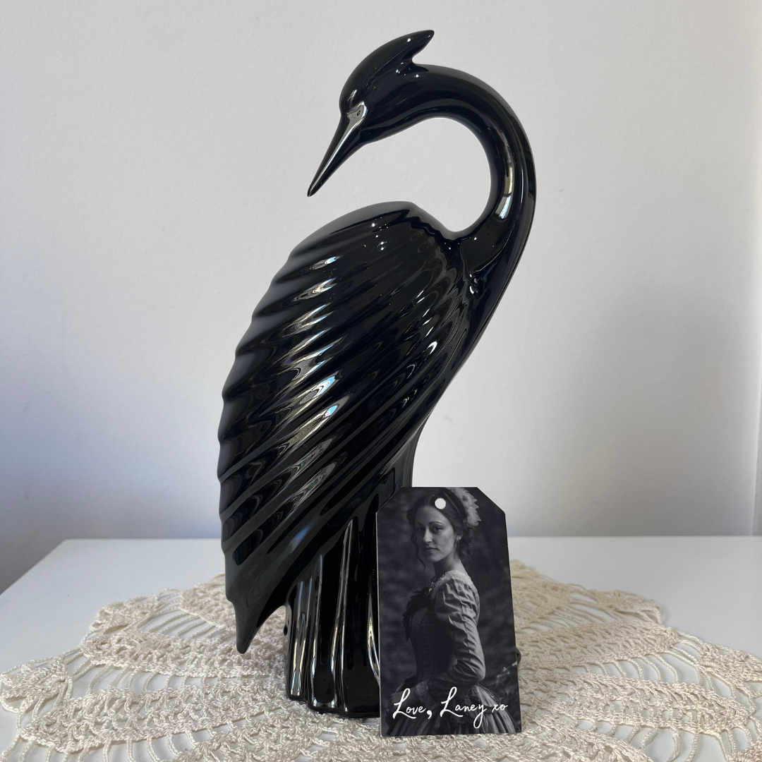 Vintage Ceramic Crane Sculpture Handmade Black Heron Art Deco Bird (8).png