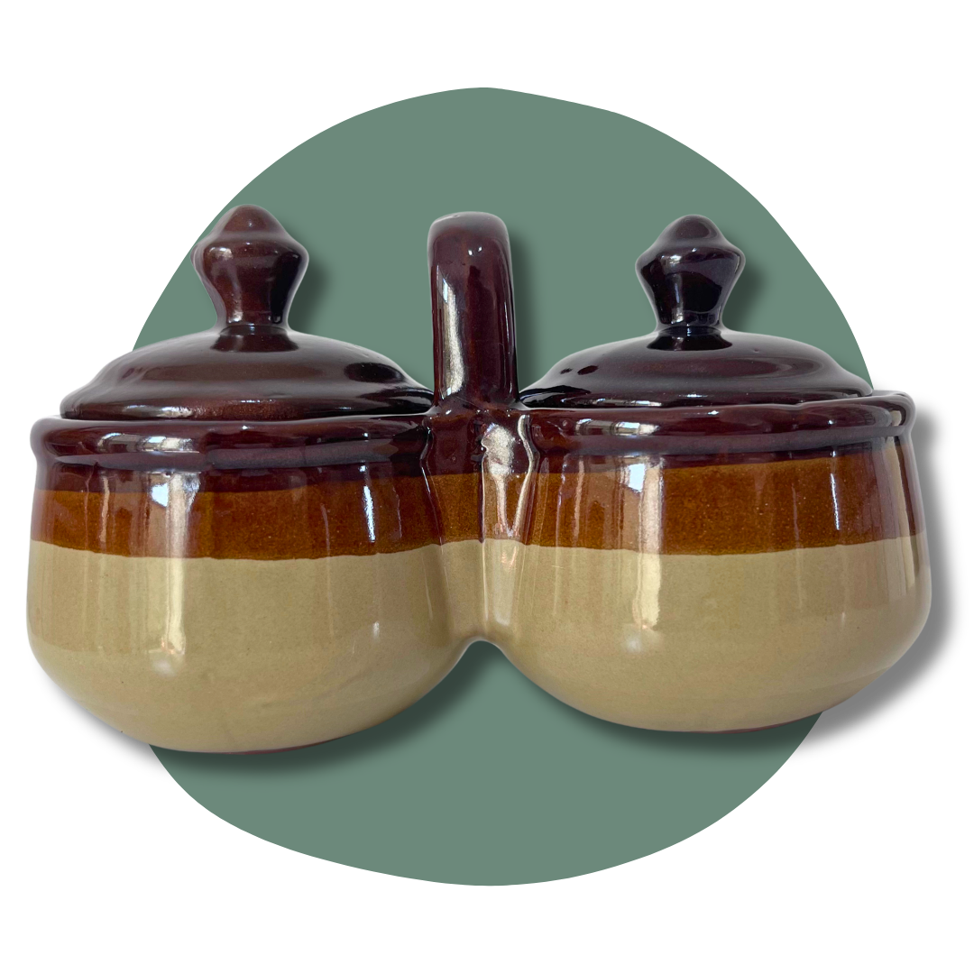 Vintage Double-Bowl Stoneware Condiment Server