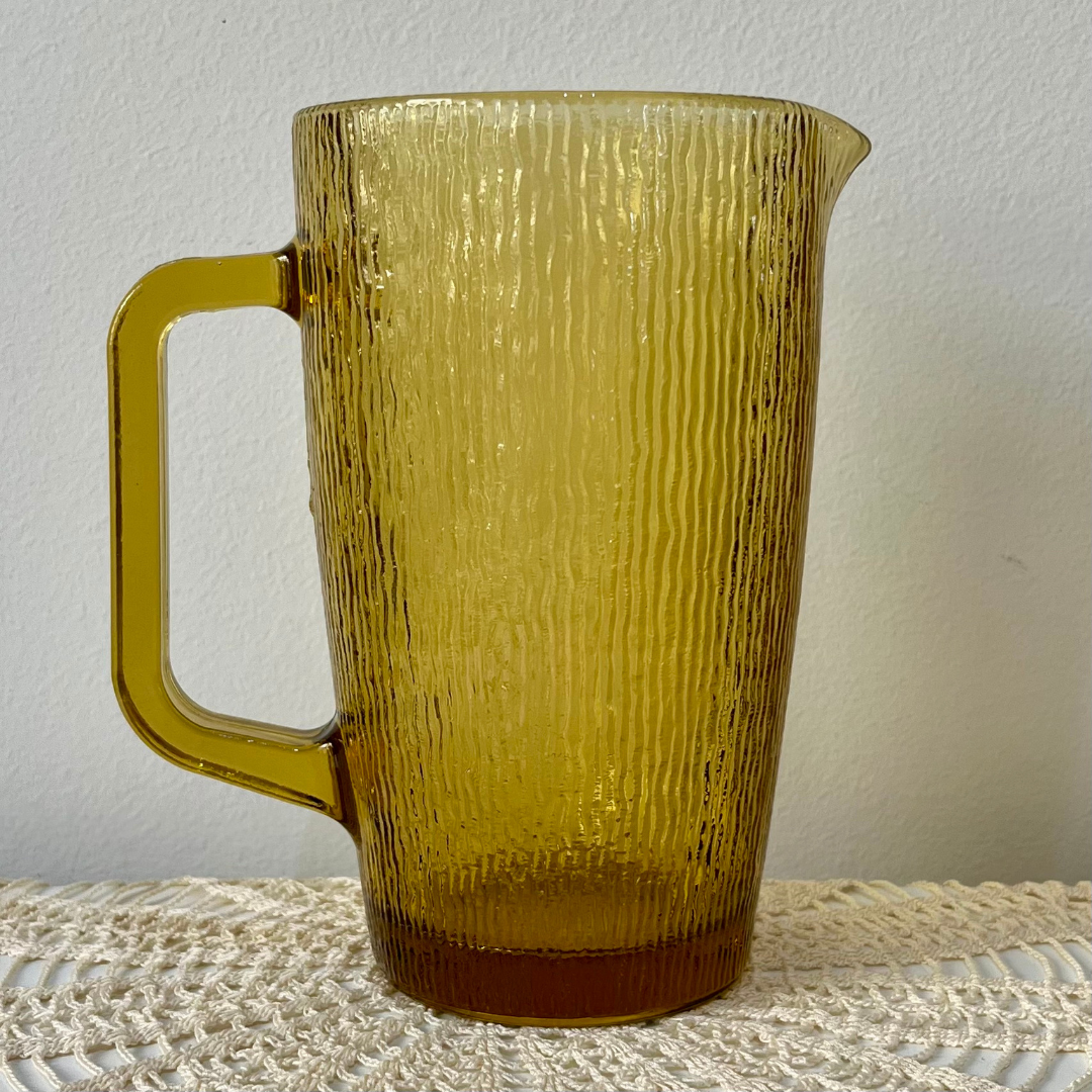 Vintage 1970s Amber Honeygold Furrow Jug Kaaru Glass Pitcher Crown Crystal NZ (3).png