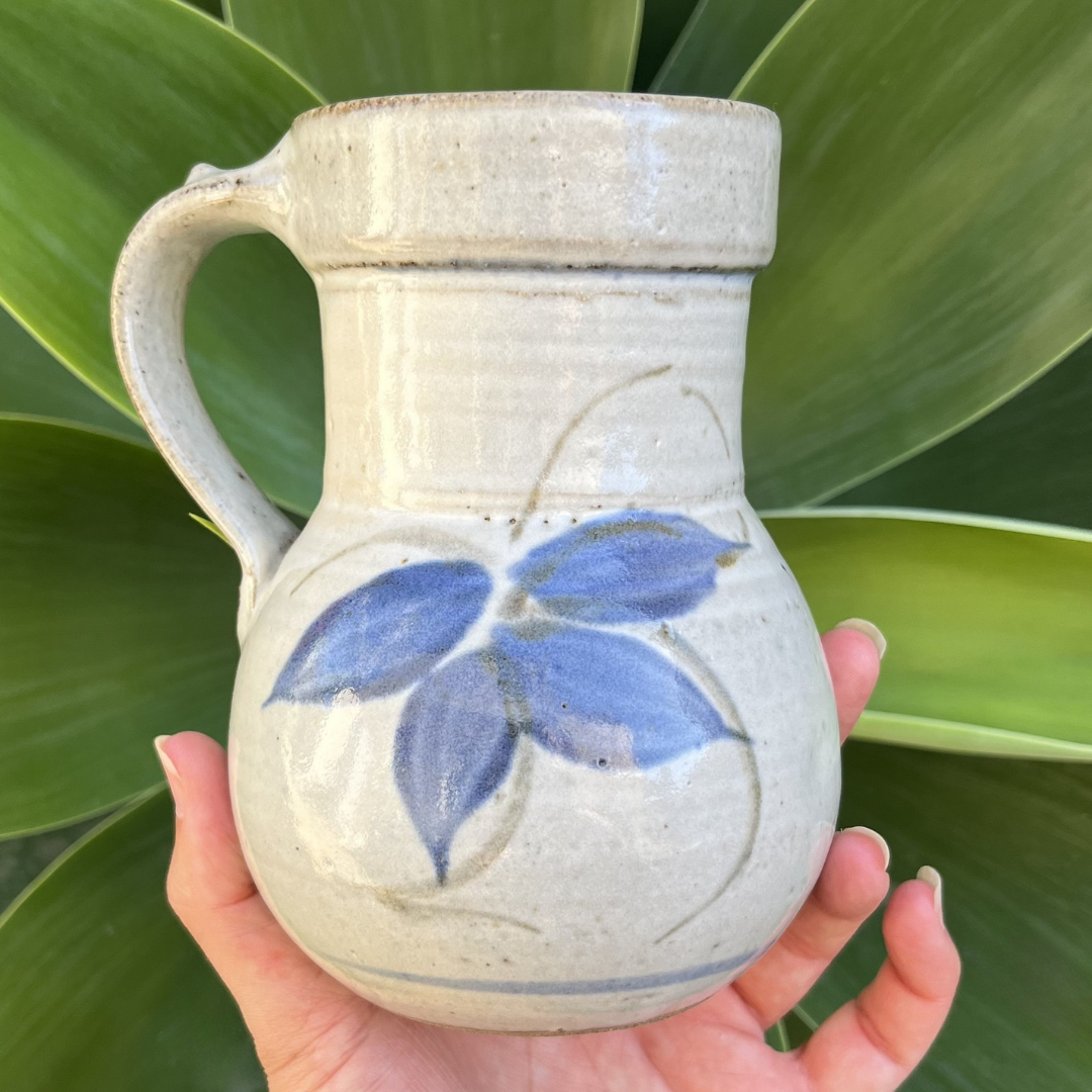 Vintage Hand-Thrown Stoneware Studio Pottery Mug Vase Blue Leaf Motif.png