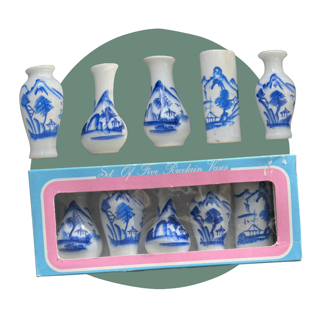 Set of Five Vintage Porcelain Blue & White Vases