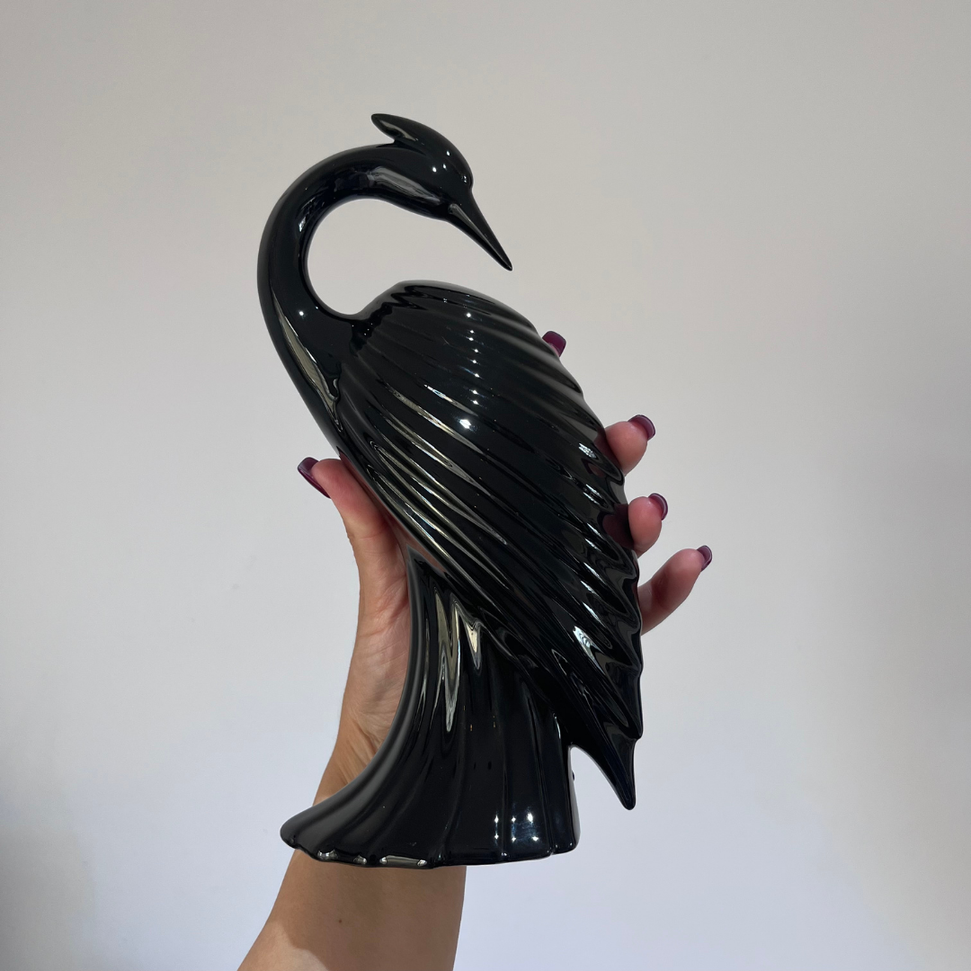 Vintage Ceramic Crane Sculpture Handmade Black Heron Art Deco Bird (11).png