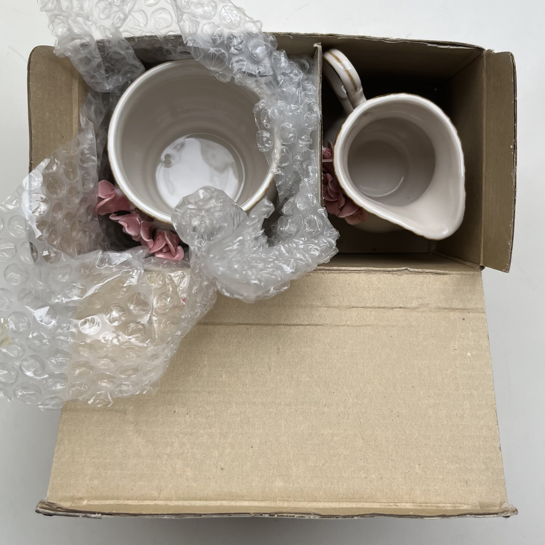 Vintage Floral Sugar Pot and Creamer Porcelain Capodimonte Pink Rose Set (19).png