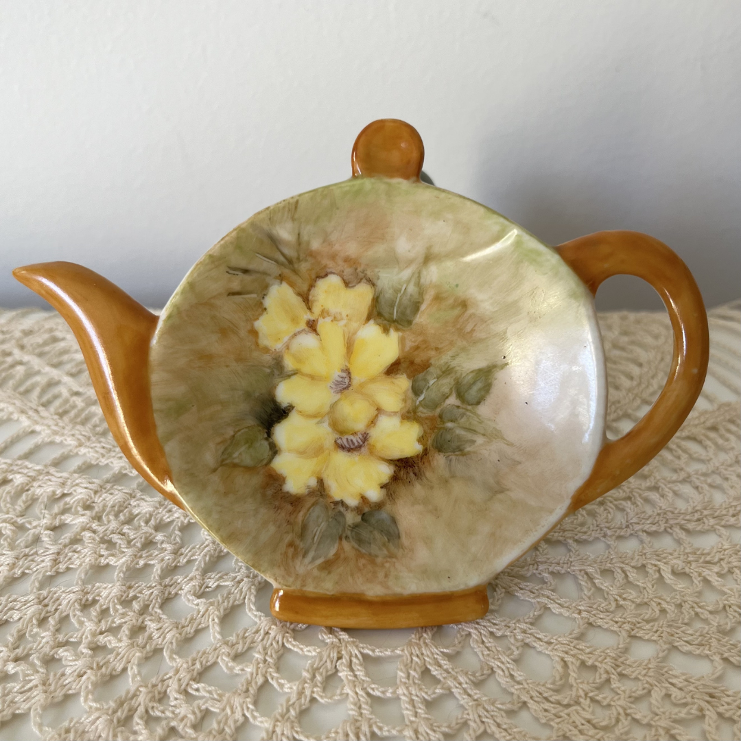 Vintage Tea Bag Holder Orange Floral Spoon Rest Retro Ceramics (13).png