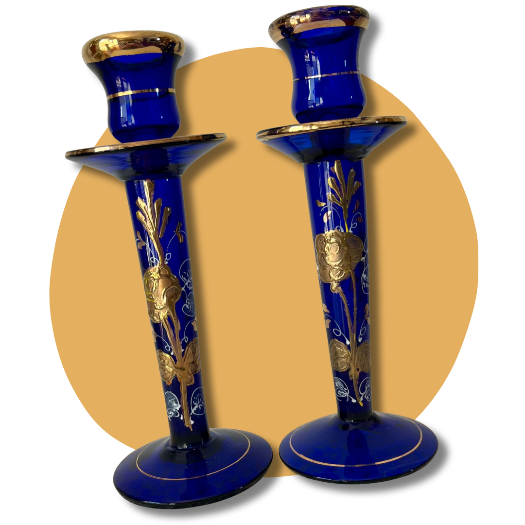 Antique Hand-Painted Cobalt Blue Bohemian-Style Glass Candlestick Holders