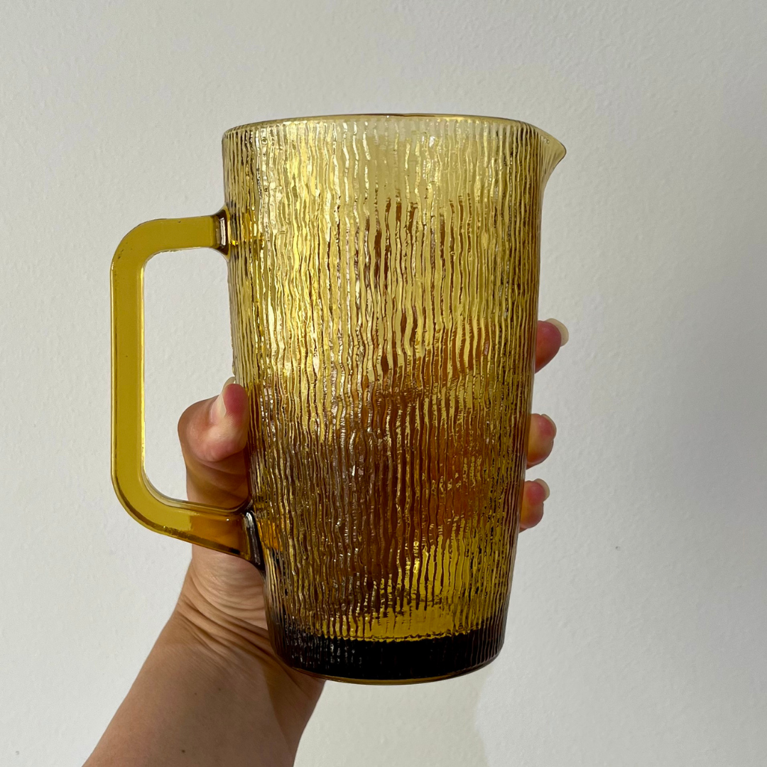 Vintage 1970s Amber Honeygold Furrow Jug Kaaru Glass Pitcher Crown Crystal NZ (11).png