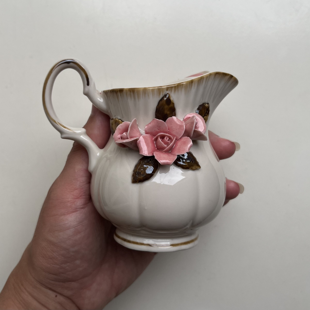 Vintage Floral Sugar Pot and Creamer Porcelain Capodimonte Pink Rose Set (14).png