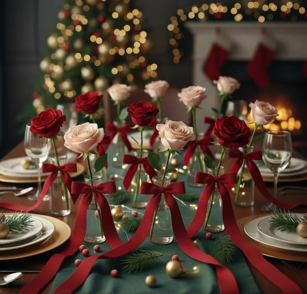 The "Rudolph" Bud Vase Christmas Bundles- Standard or Reflexed Roses
