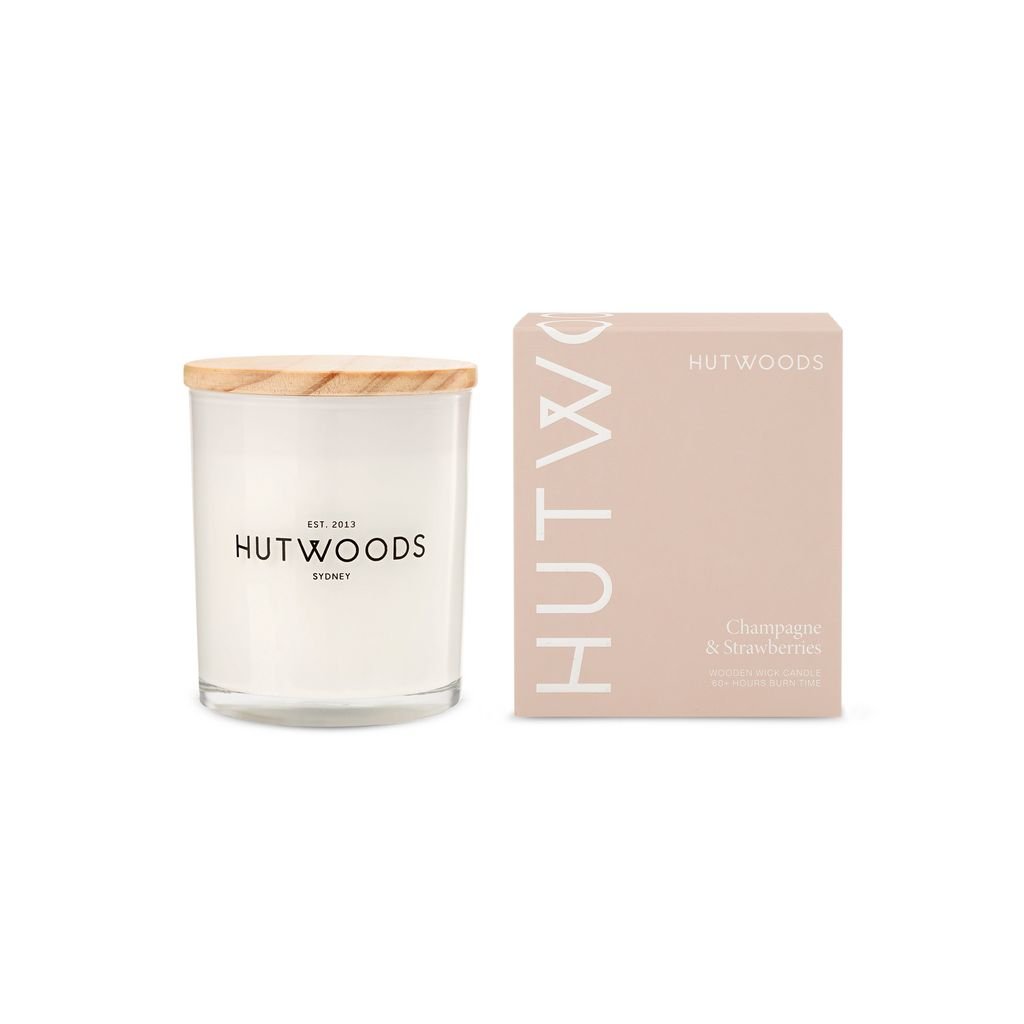 Hutwoods Medium Wooden Wick Candle - Champagne and Strawberries- 60+ hours burn time
