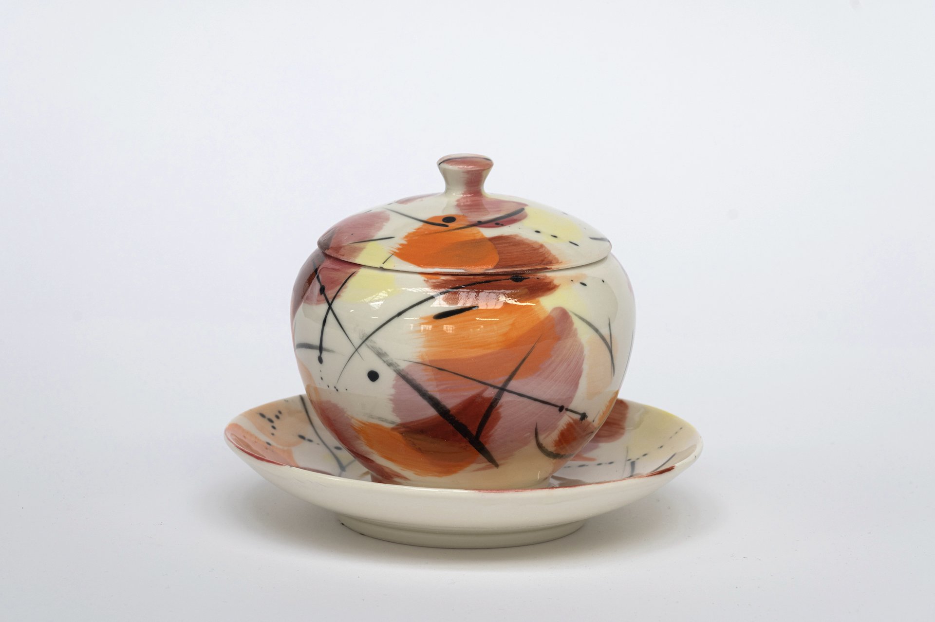 Red soup bowl with lid and saucer