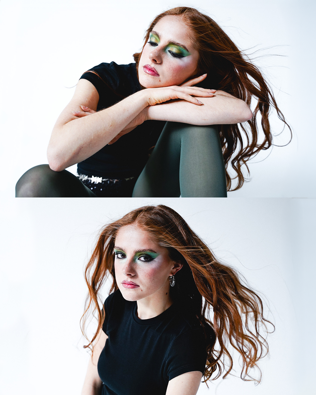 Deux photos d'une femme aux cheveux roux et aux yeux maquillés de vert, portant un haut noir, posant devant un fond blanc.