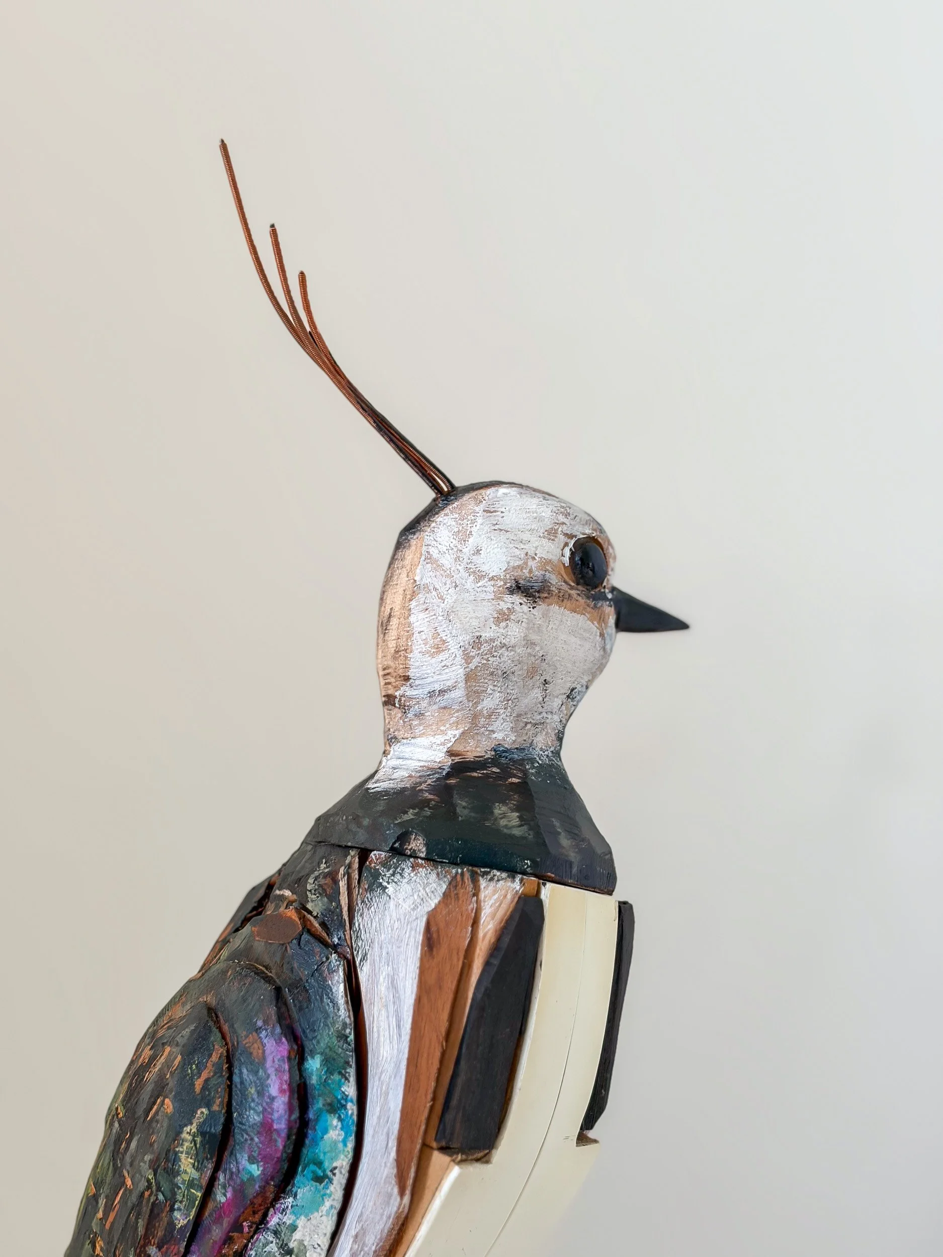 Northern Lapwing sculpture made from piano parts, with close up head detail.