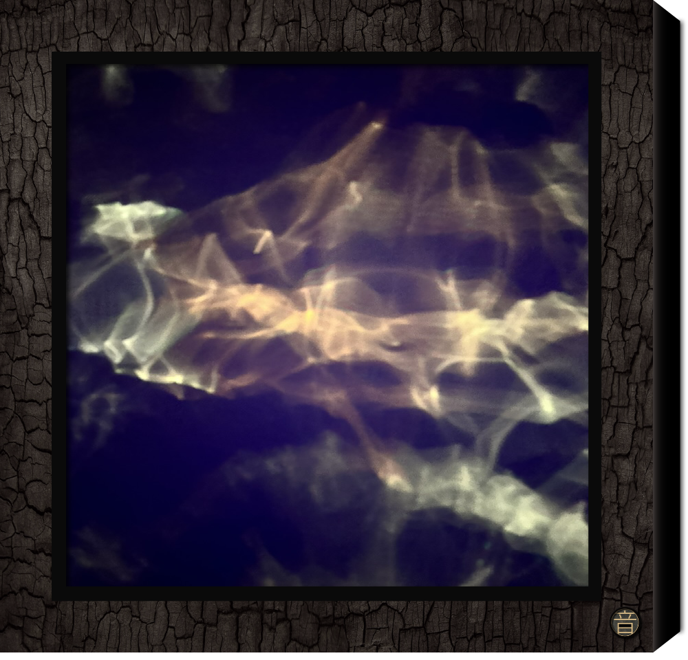 Light reflections creating a cymatic abstract, wavy patterns on a dark surface. In chard Shou Sugi Ban wood frame 