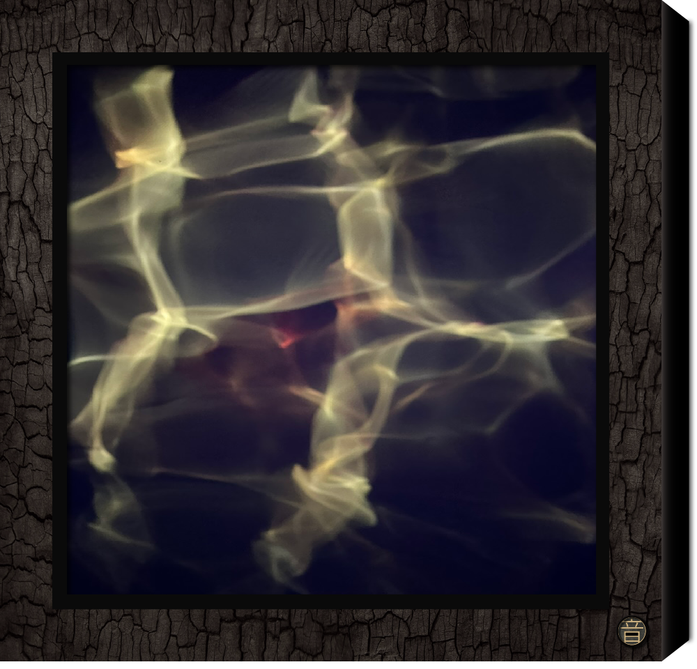 Abstract cymatic image of swirling, glowing, semi-transparent wisps of smoke or light against a dark background. In chard Shou Sugi Ban wood frame 