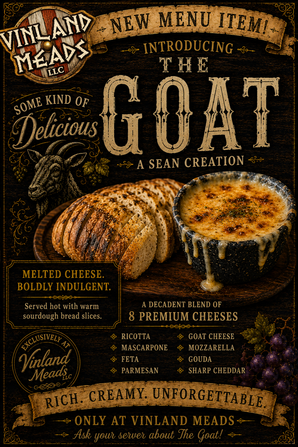 A promotional poster for a new menu item called The GOAT at Vinland Meads LLC, featuring melted cheese served hot with sourdough bread slices and a blend of 8 premium cheeses including ricotta, mascarpone, feta, parmesan, goat cheese, mozzarella, gouda, and sharp cheddar. The poster has a rustic theme with images of bread, cheese, grapes, and a goat illustration.