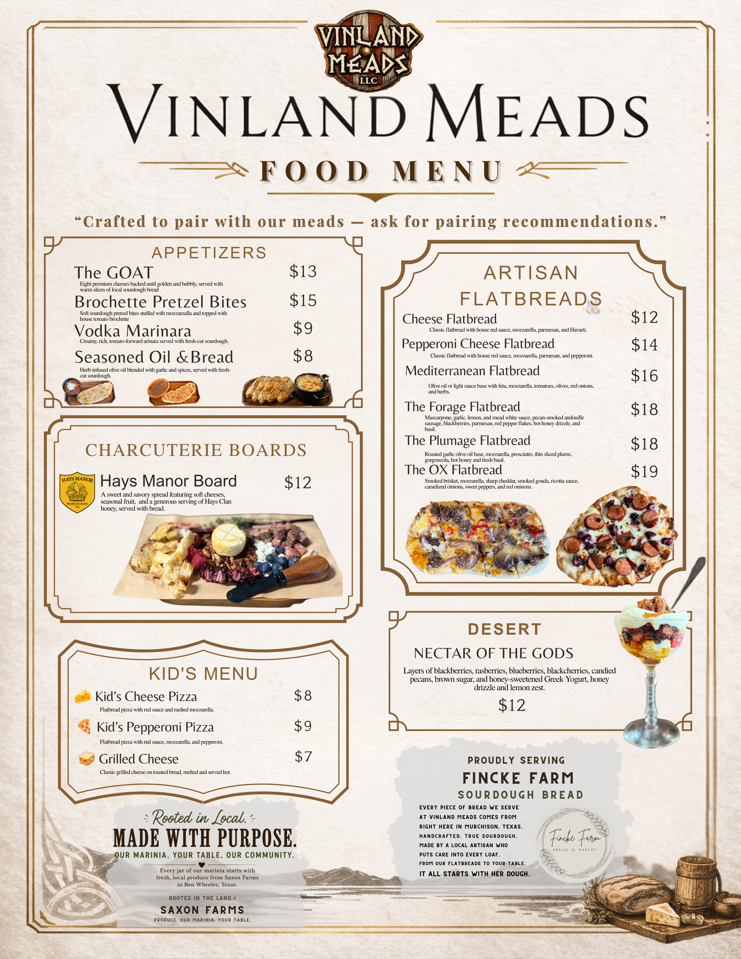 A food menu from Vinland Meads featuring appetizers, flatbreads, charcuterie boards, kid's menu, and desserts. Items include cheese pizza, pepperoni pizza, grilled cheese, various flatbreads, and a dessert called Nectar of the Gods with layers of berries and Greek yogurt.