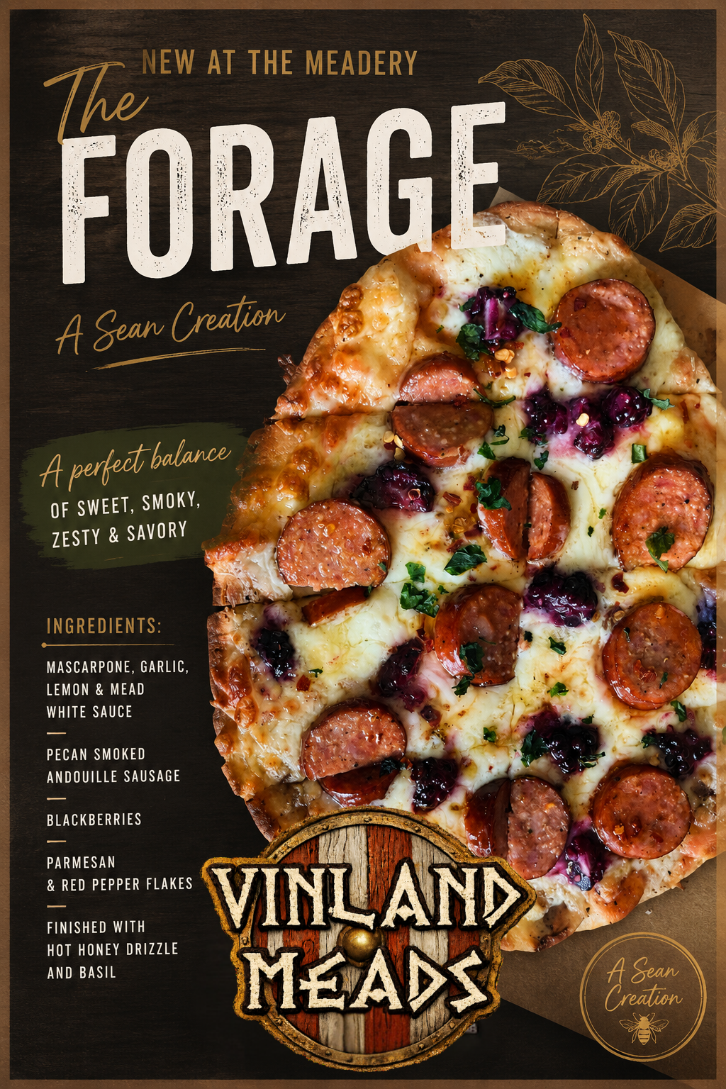 Pizza topped with sausage, blackberries, and herbs, on a dark wooden background with promotional text for Vinland Meads.