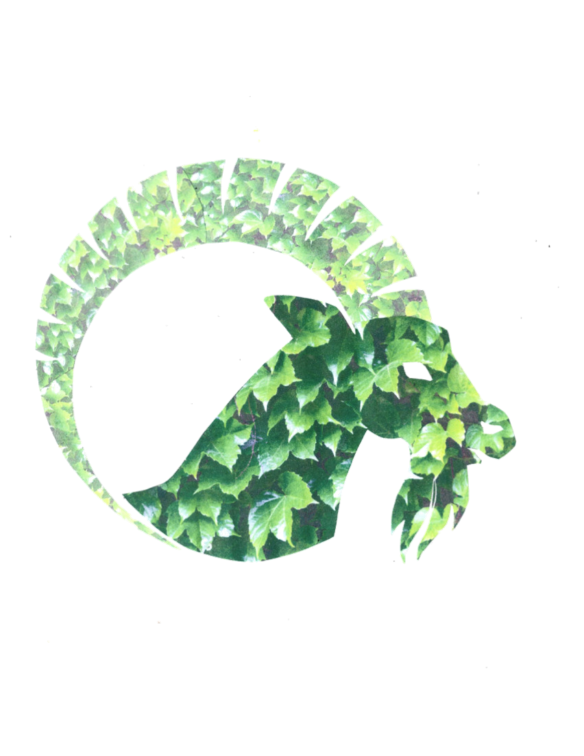 A logo featuring a stylized green goat with a crest, formed by green ivy leaves.