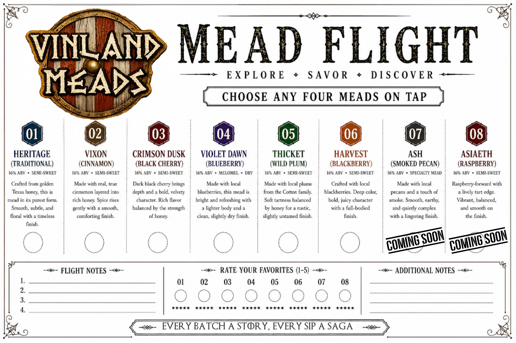 A wine label design for VILAND MEAD MEAD FLIGHT with eight options of flavored meads listed from 01 to 08, including descriptions and tasting notes, with some sections marked 'Coming Soon'.