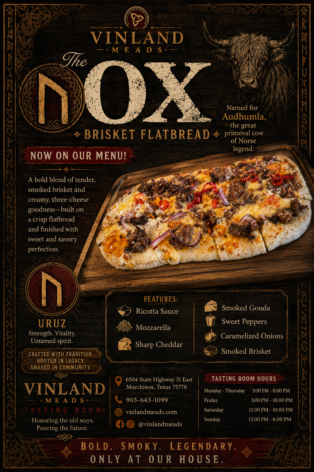A promotional poster for Vinland Meads featuring OX Brisket Flatbread with a photo of the flatbread topped with smoked brisket, cheeses, and vegetables, along with text detailing ingredients, features, and tasting room hours.