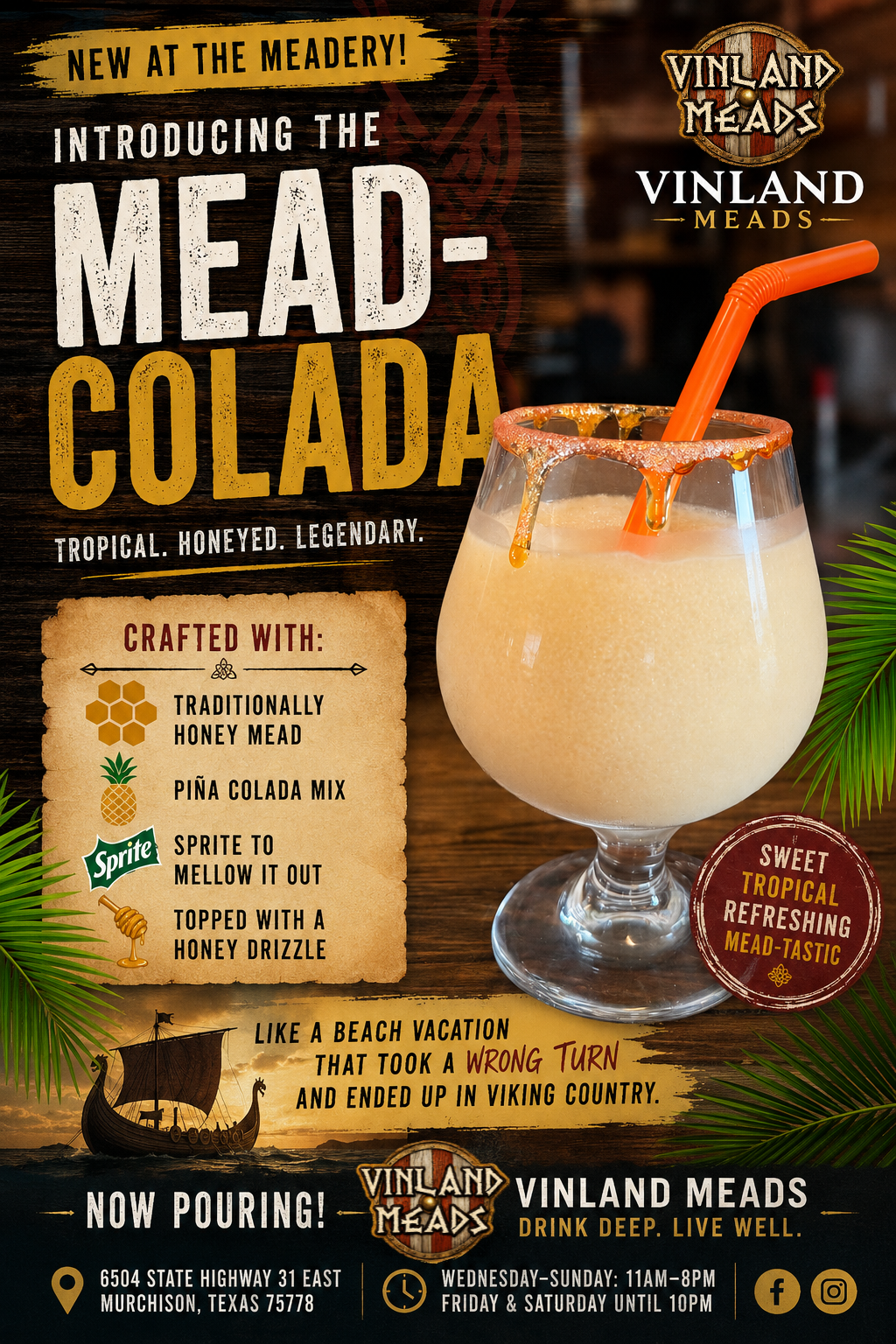 Advertisement for Vinland Meads showcasing a tropical Mead-Colada cocktail with a salt-rimmed glass and orange straw, emphasizing mysterious and exotic flavors.