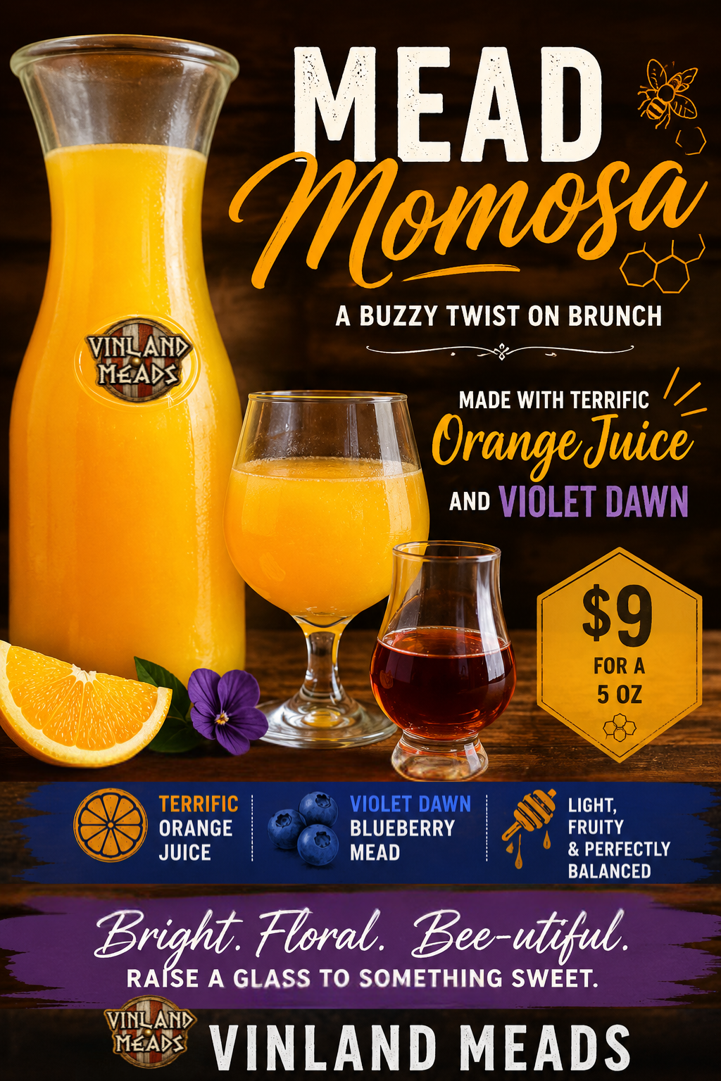 An advertisement for Mead Momosa, a brunch beverage made with orange juice and violet dawn blueberry mead, served in a glass alongside a pitcher of orange juice and small glass of violet dawn blueberry mead, with price and product details.