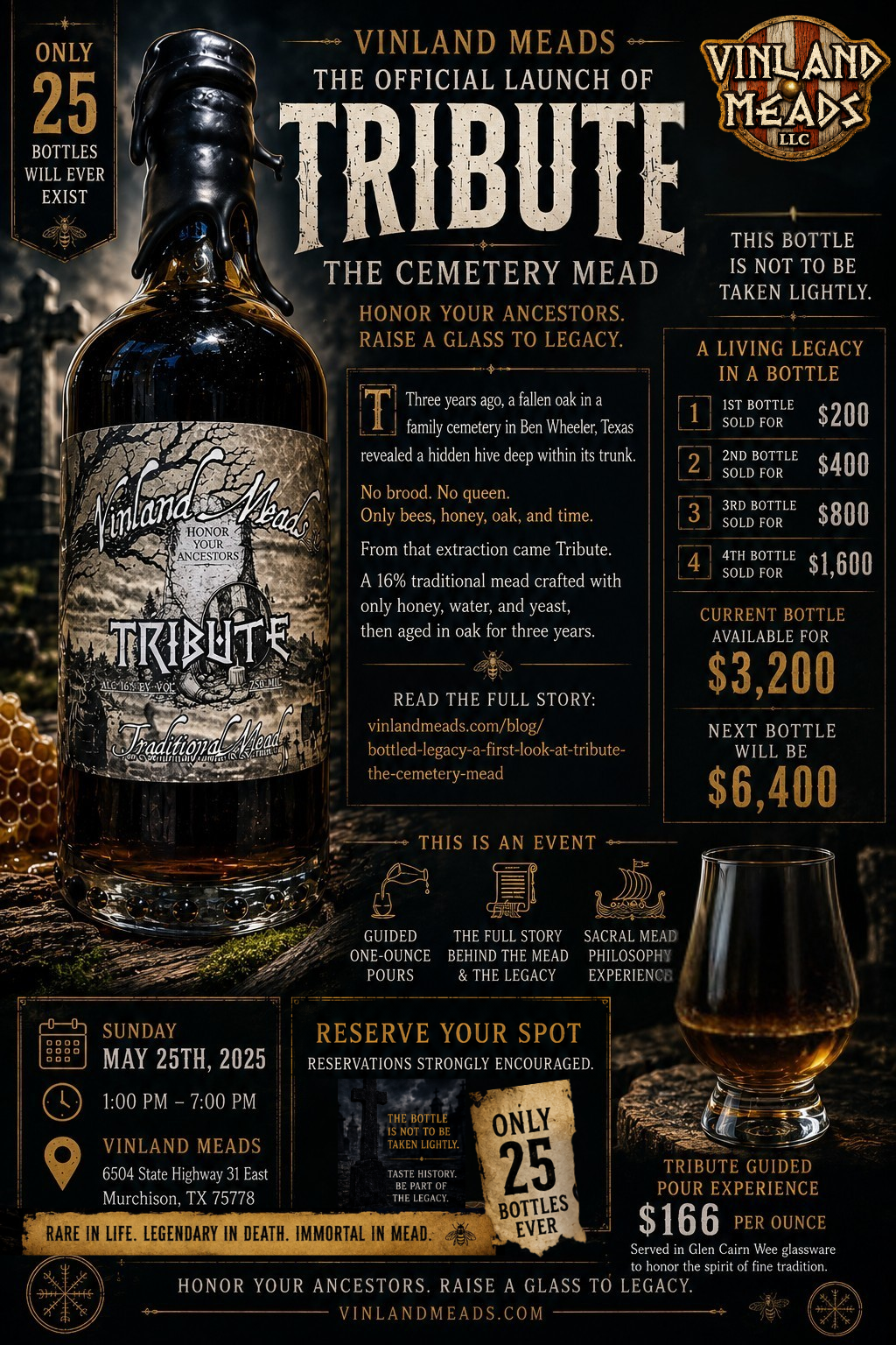 A promotional poster for the official launch of Tribute, a Cemetery Mead by Vinland Meads LLC, featuring a dark background with a picture of a bottle of Tribute mead, event details, pricing tiers, and reservation information.