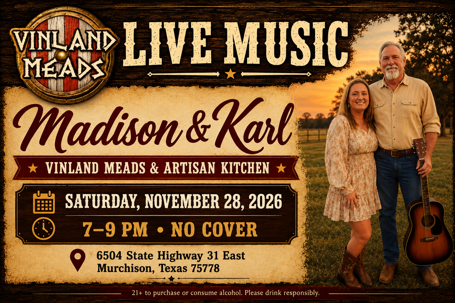 Madison & Karl live at Vinland Meads in Murchison, Texas, Saturday November 28, 2026, 7–9 PM. No cover.
