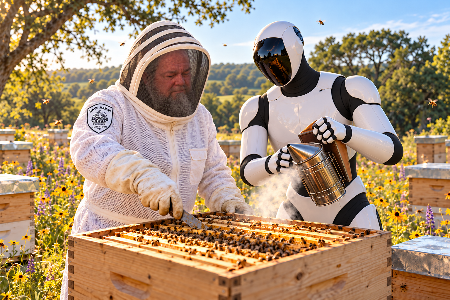 AI concept illustration of Clyde Hays tending a hive while a covered humanoid robot assists with a smoker.