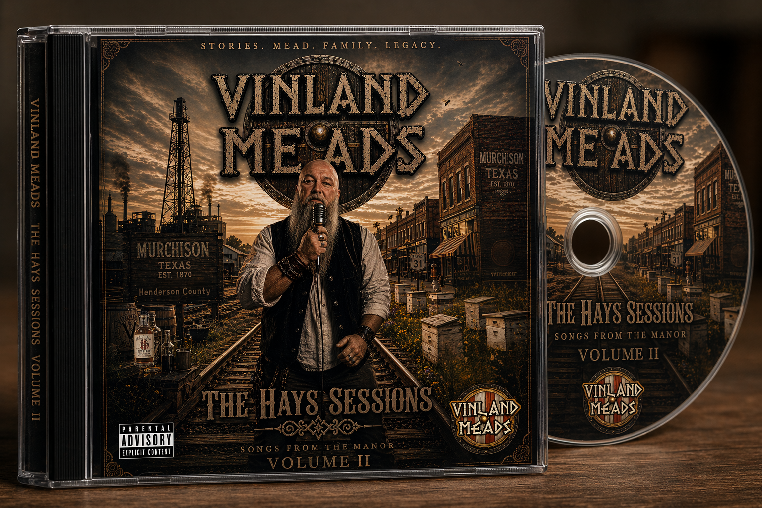 Album cover for Vinland Meads - The Hays Sessions, Volume II, featuring a man with a beard singing into a microphone in front of a vintage town scene with factories, a sign reading Murcison, Texas, est. 1870, and train tracks.