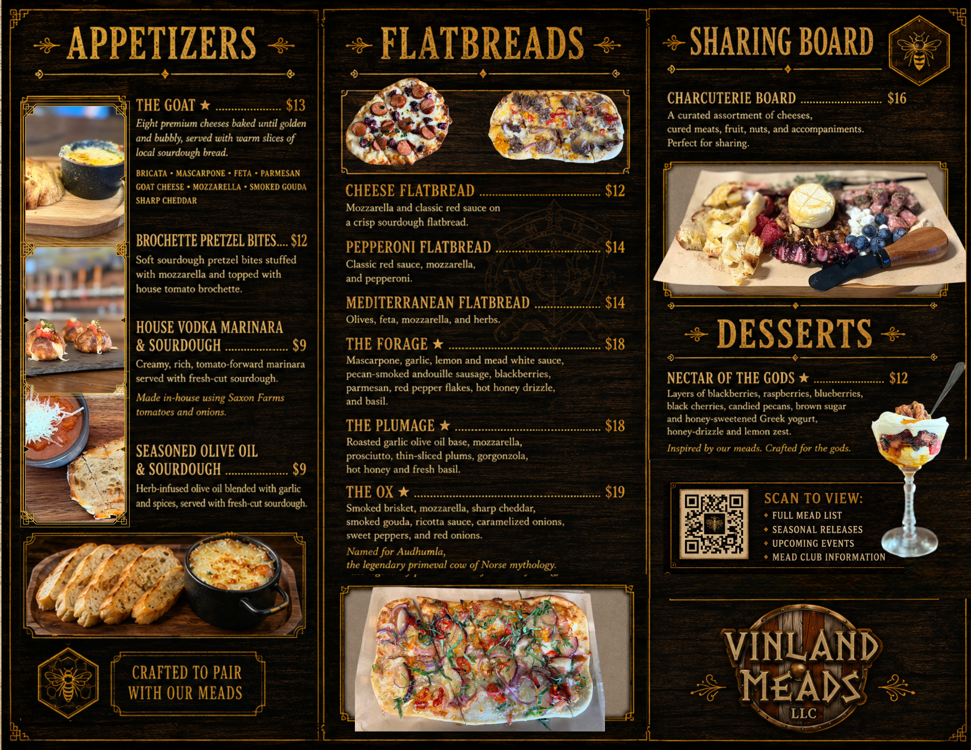 Image of a restaurant menu with sections for appetizers, flatbreads, sharing board, and desserts. The appetizers include goat cheese, pretzel bites, house vodka marinara, and seasoned olive oil. Flatbreads include cheese, pepperoni, Mediterranean, the forage, and the plumage. The sharing board features charcuterie and a large cheese platter. The desserts include nectar of the gods drink and other sweet treats. The menu has decorative gold accents on a dark background and features photographs of food items and a QR code for more information.