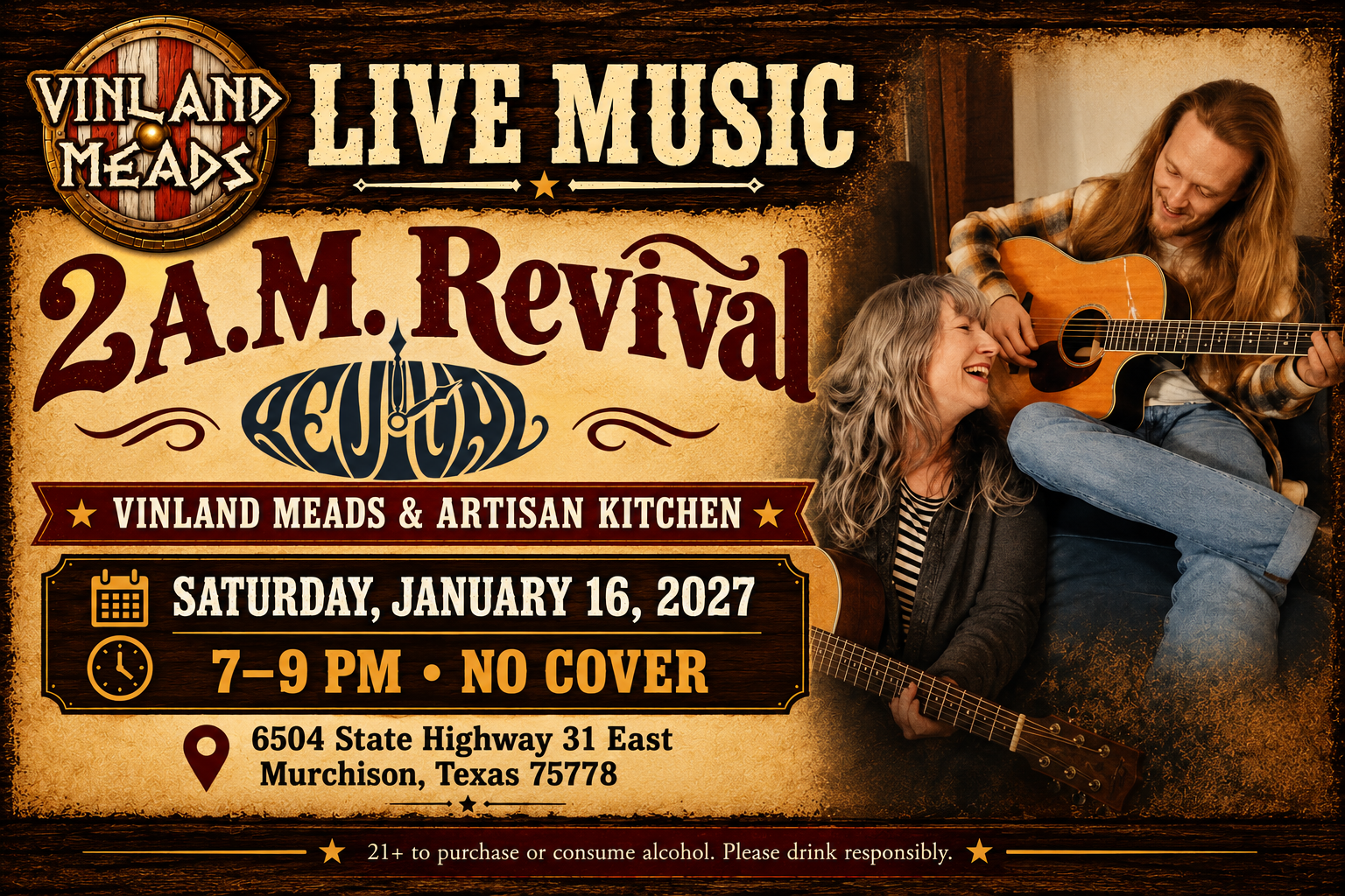 2A.M. Revival live at Vinland Meads in Murchison, Texas, Saturday January 16, 2027, 7–9 PM. No cover.