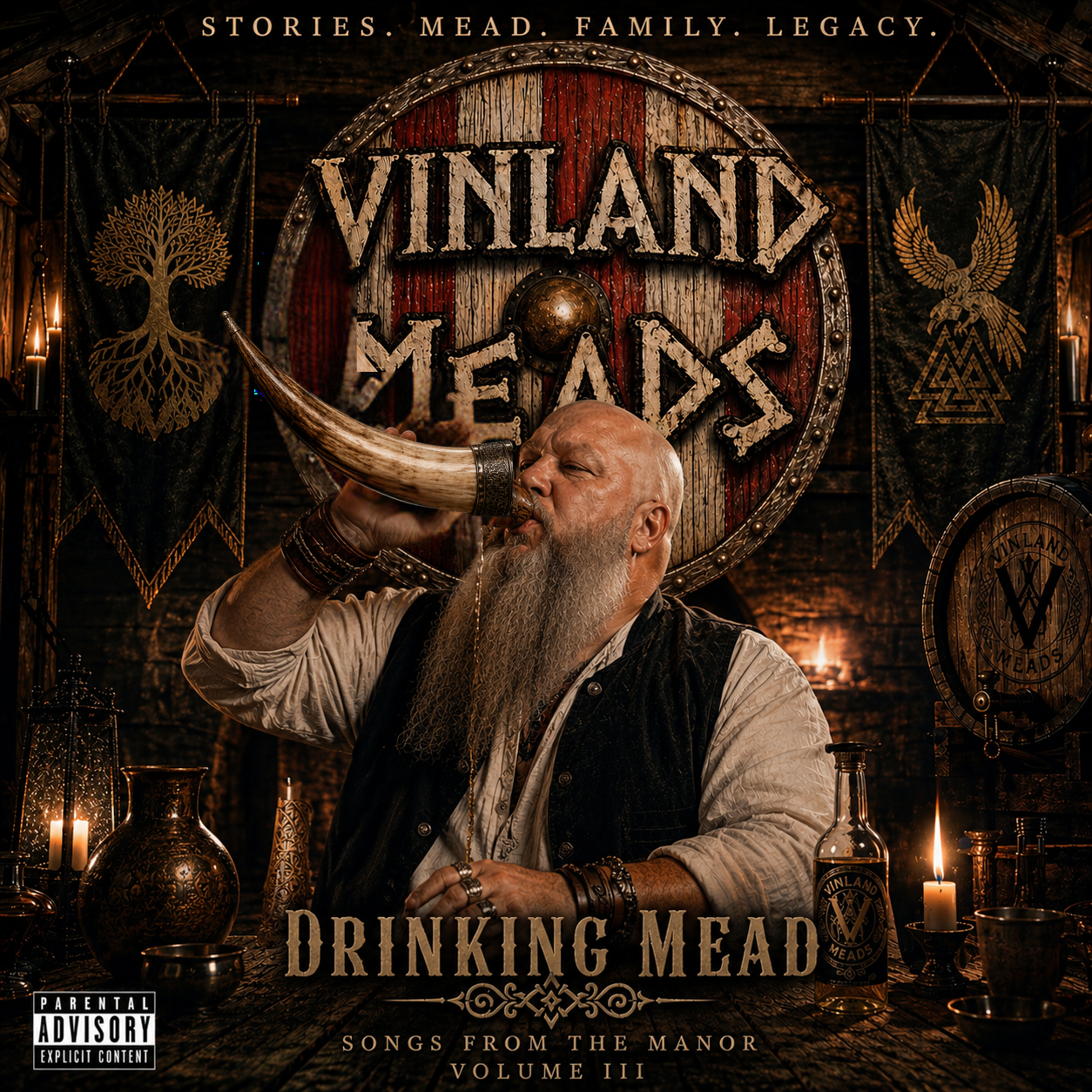 A bearded man with a bald head and tattoos drinks mead from a horn at a Viking-themed event. Behind him, a large wooden shield with the words "Vinland Meads" and banners with Viking symbols hang on a dark, rustic background. There are candles, bottles, and Viking-inspired decor on the table.
