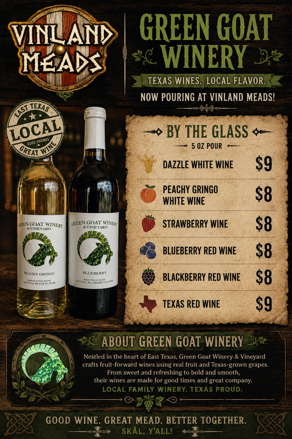 A promotional poster for Green Goat Winery at Vinland Meads, featuring two bottles of wine, a list of wines and prices, and information about Green Goat Winery in East Texas.