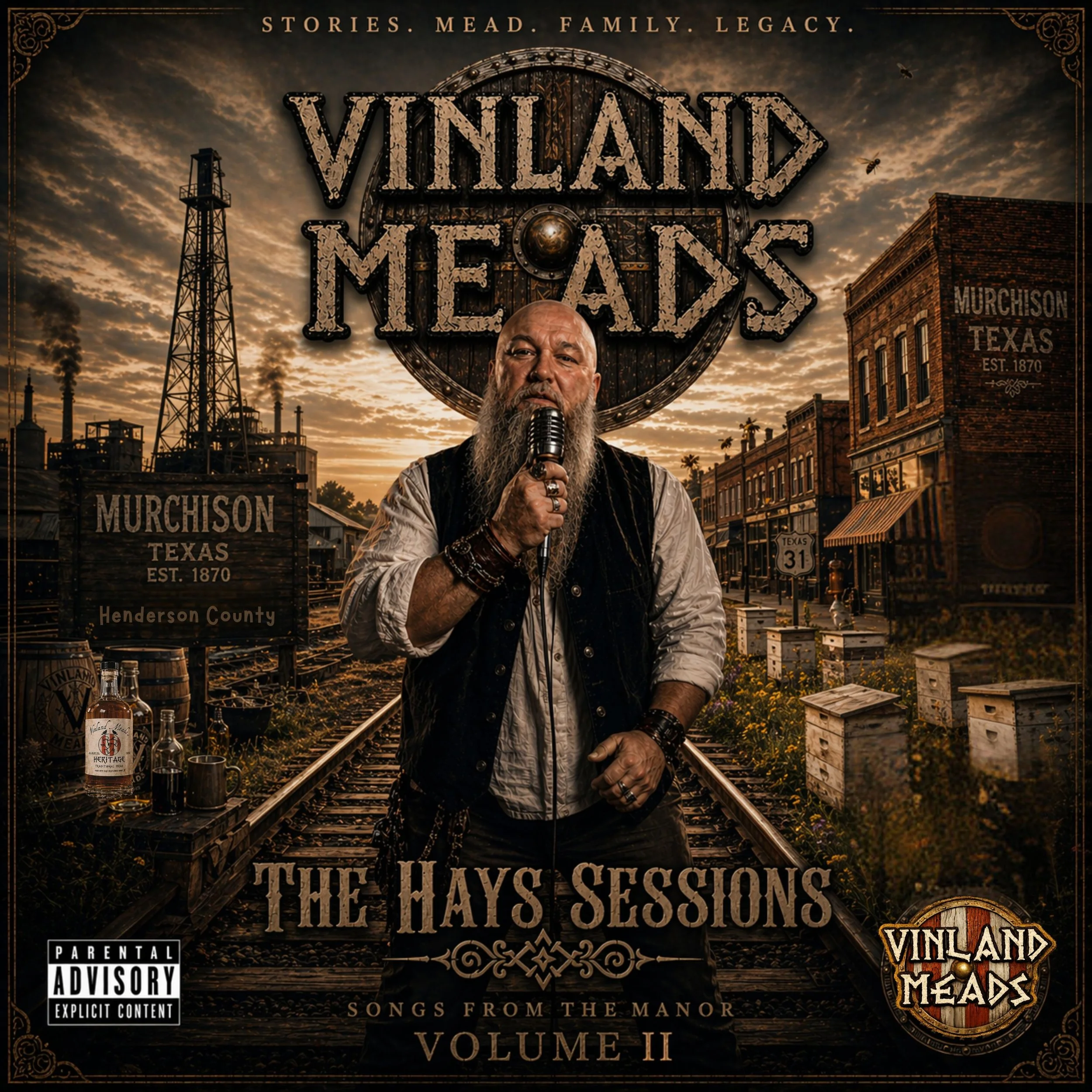 Album cover titled "Vinland Meads : The Hays Sessions Volume II" featuring a bearded man singing into a microphone, set against an industrial townscape with smokestacks and a sunset sky, with signs indicating Murchison, Texas, established 1870.