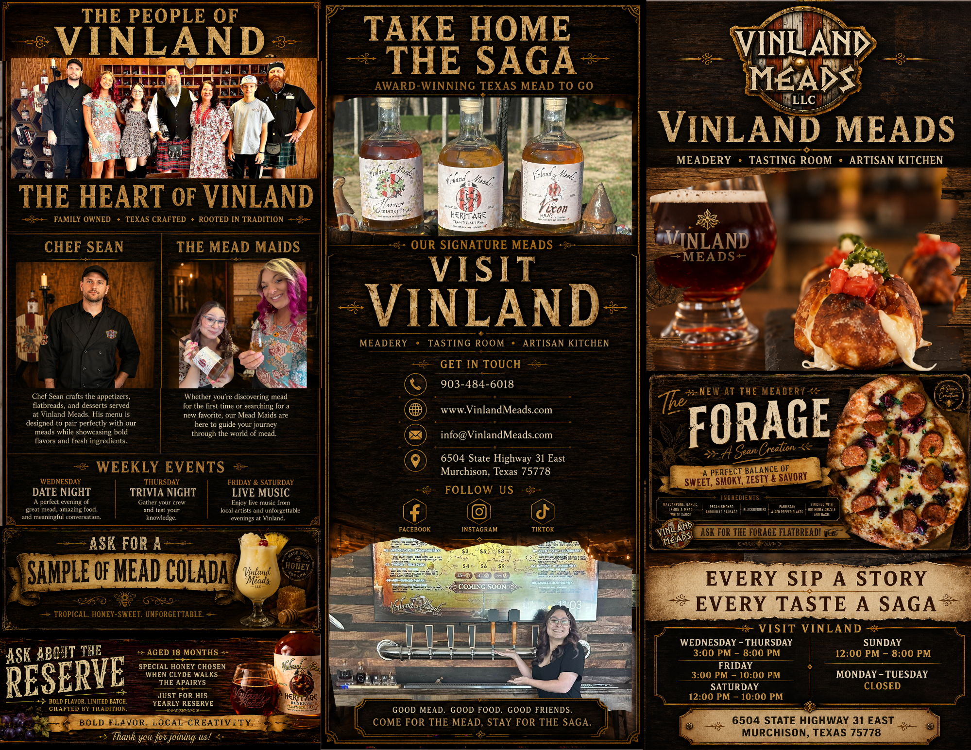 A promotional poster for Vinland Meads and Vinland Mears LLC featuring various sections with photos of staff, bottled meads, and food dishes. The poster highlights the business's offerings, events, contact information, and social media handles. It emphasizes the meadery, tasting room, and artisan kitchen, and promotes visits to Vinland. The design has a rustic, dark wood theme with gold text and detailed imagery of meads, food, and staff members.