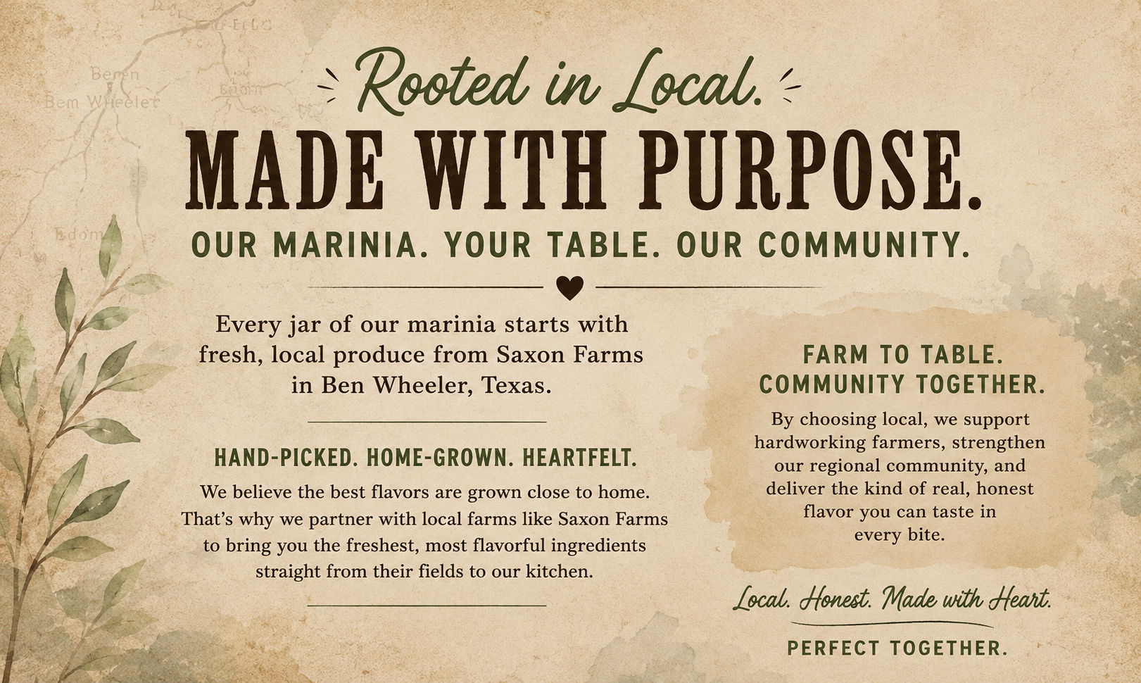 A promotional poster for vinland meads, emphasizing farm-to-table, community, and handcrafted, home-grown ingredients. The design features a beige background with textured accents, green and brown text, and plant illustrations on the left side.
