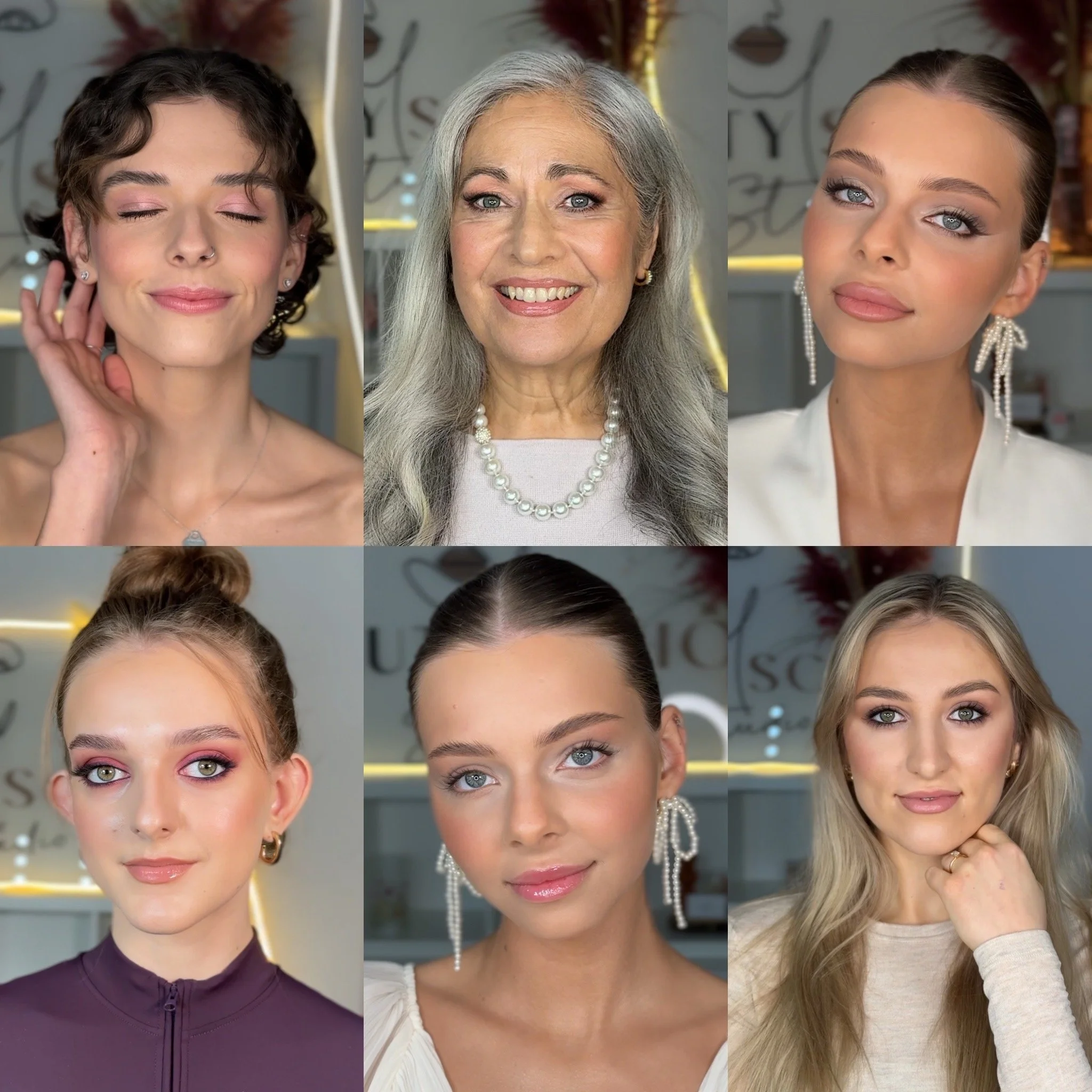 Sechs Frauen in einem Studio, jeder trägt Make-up und elegante Kleidung, mit verschiedenen Gesichtsausdrücken, Hintergrund mit moderner Dekoration.