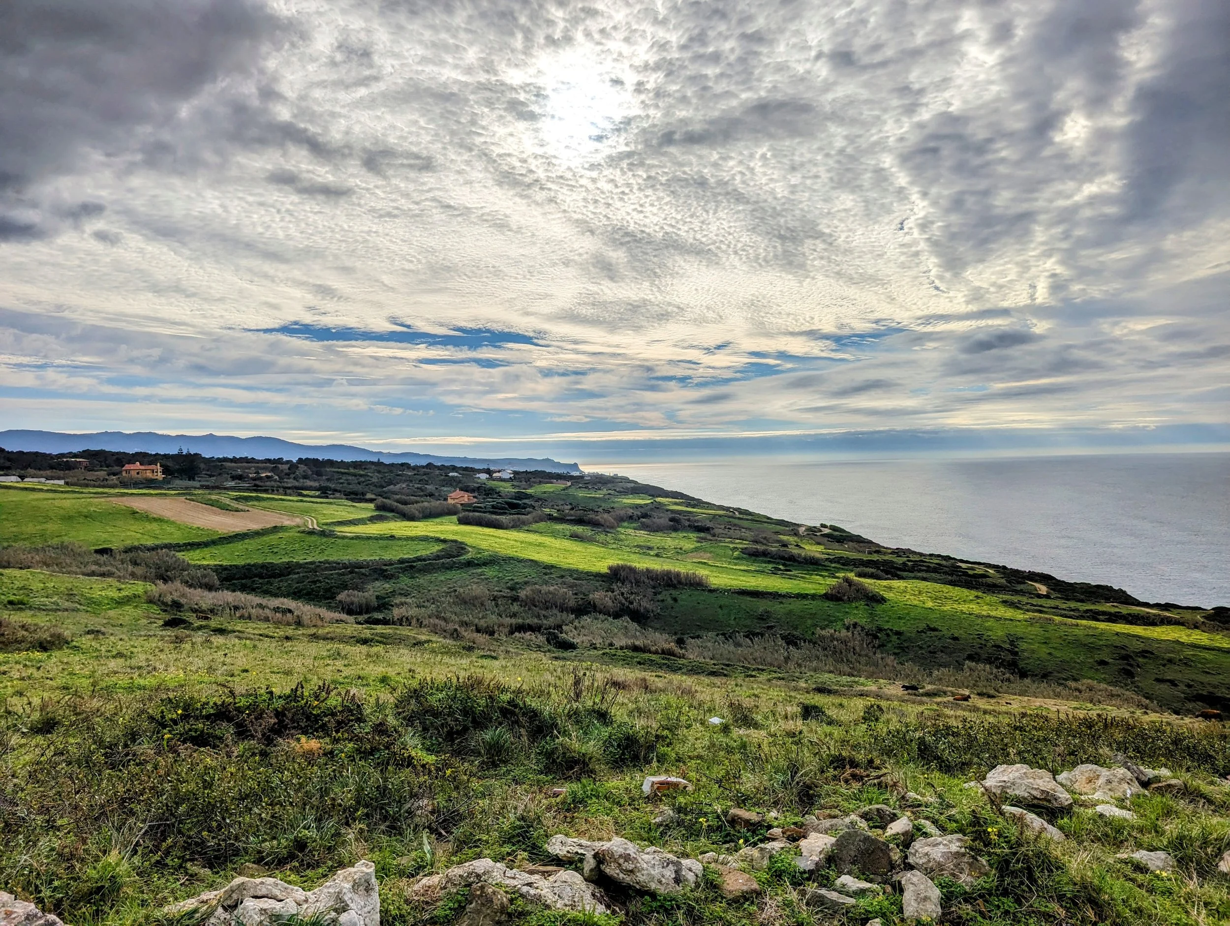 Scenic view of green rolling fields with scattered bushes and rocks, overlooking the ocean under a cloudy sky with sunlight breaking through.